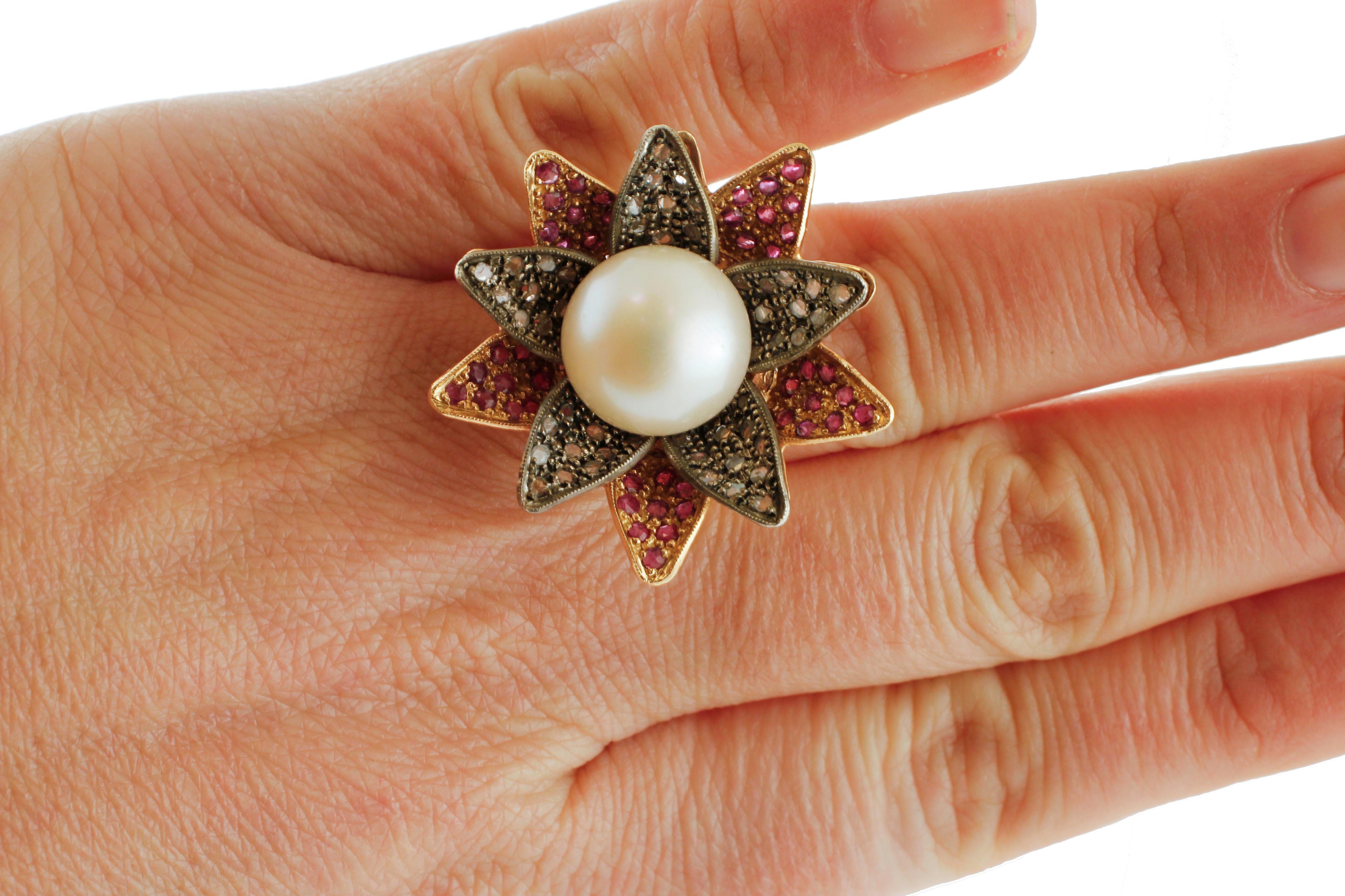 Women's Big Pearl, Diamonds, Rubies, 14 Karat Rose Gold and Silver Flower Ring For Sale