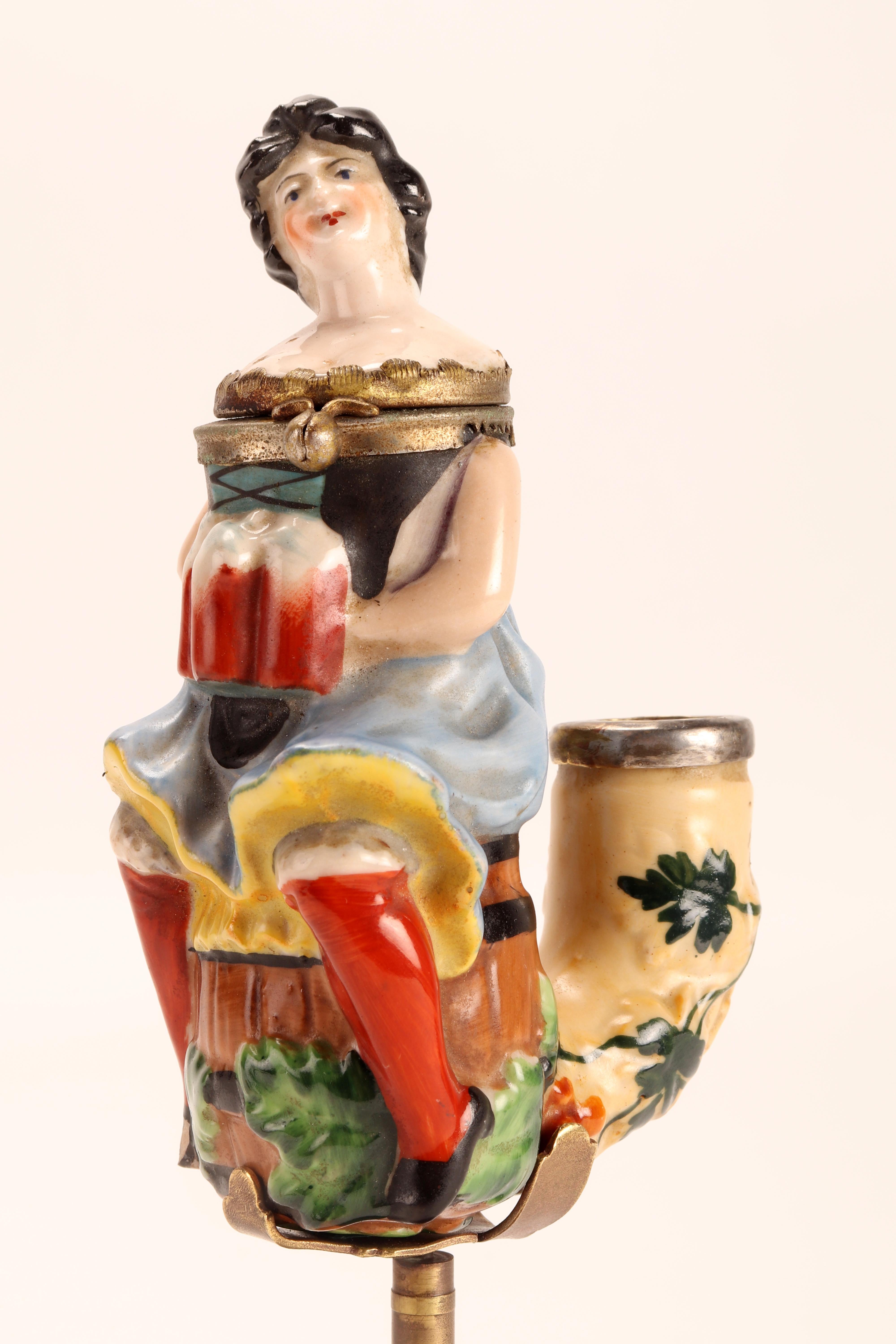 Wood Big Porcelain Pipe: a Waitress Holding Mugs of Beer, Germany 1880 For Sale