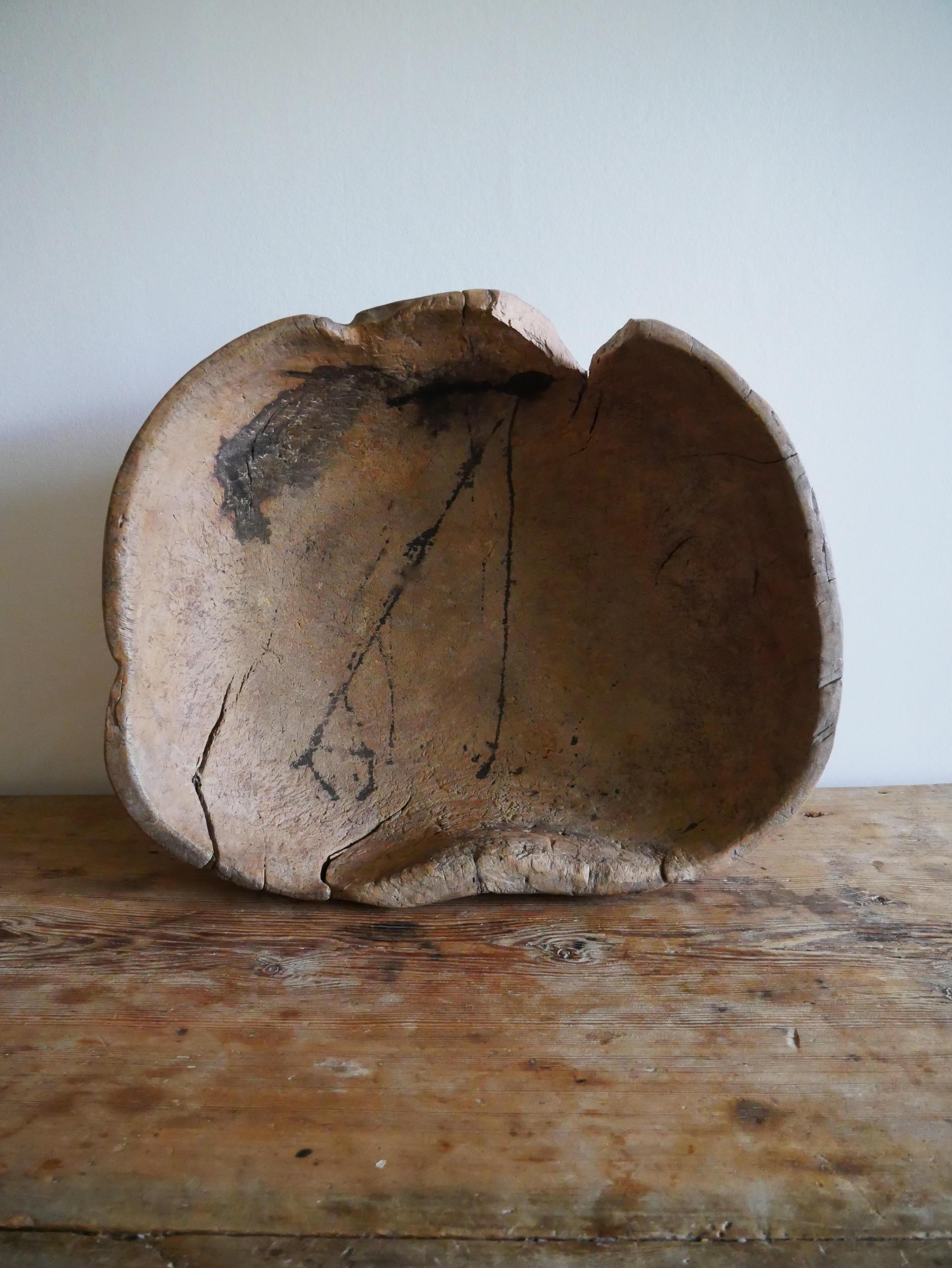 Big Primitive Swedish Wood Bowl 1832 For Sale 4