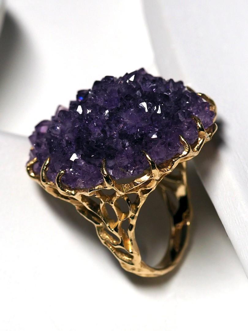 Amethyst Crystal Gold Ring Amethyst Druzy 14K Yellow Cocktail Lord of the Rings 3