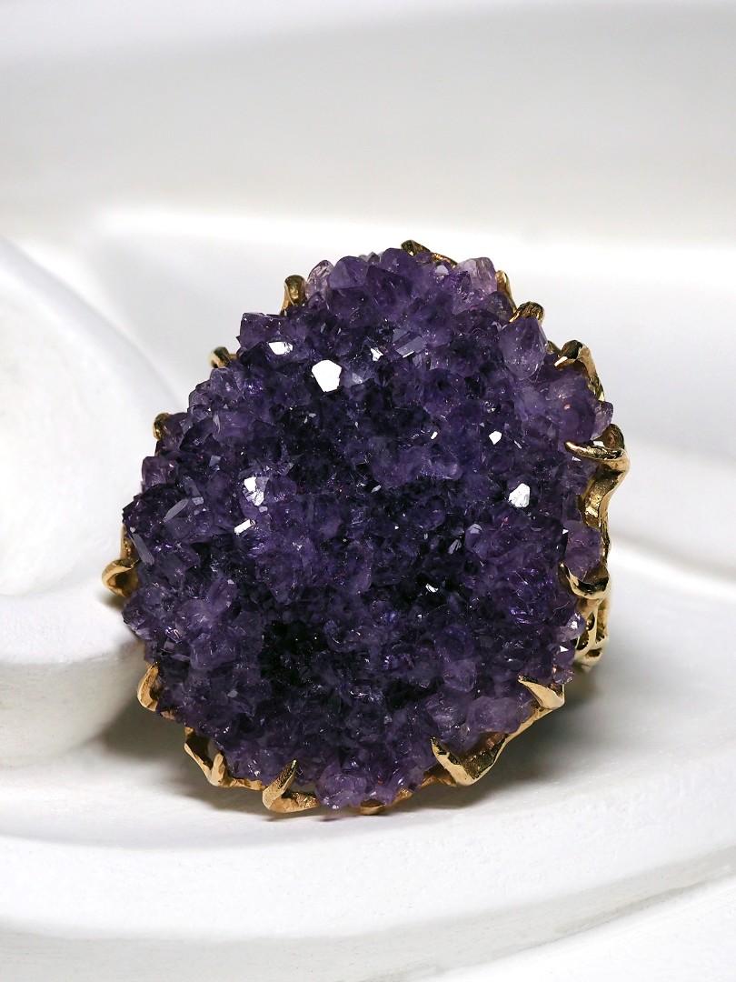 Art Nouveau Amethyst Crystal Gold Ring Amethyst Druzy 14K Yellow Cocktail Lord of the Rings