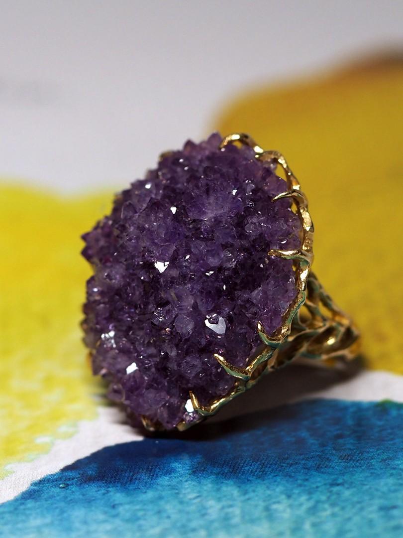 Uncut Amethyst Crystal Gold Ring Amethyst Druzy 14K Yellow Cocktail Lord of the Rings