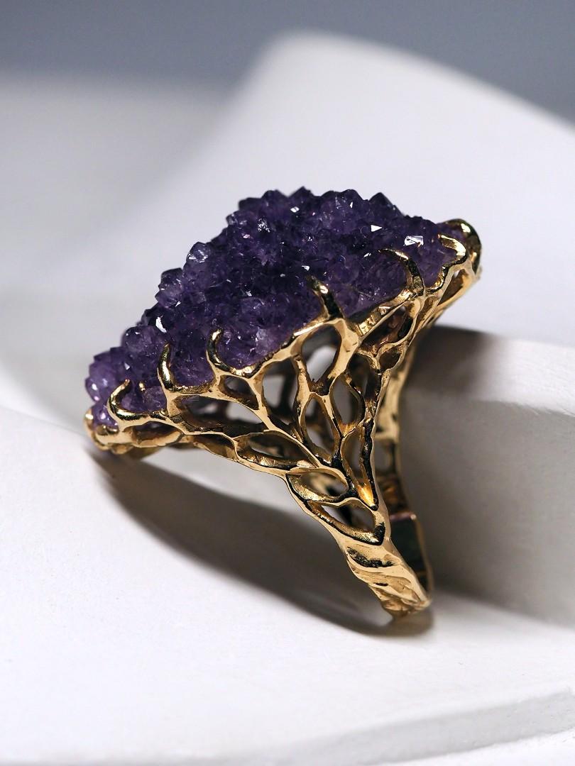 Women's or Men's Amethyst Crystal Gold Ring Amethyst Druzy 14K Yellow Cocktail Lord of the Rings