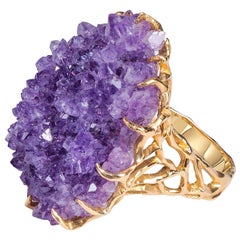 Amethyst Crystal Gold Ring Amethyst Druzy 14K Yellow Cocktail Lord of the Rings