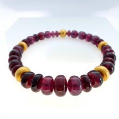 Big Purple Rubelite Tourmaline Rondel Beaded Necklace with 18 Carat Yellow Gold