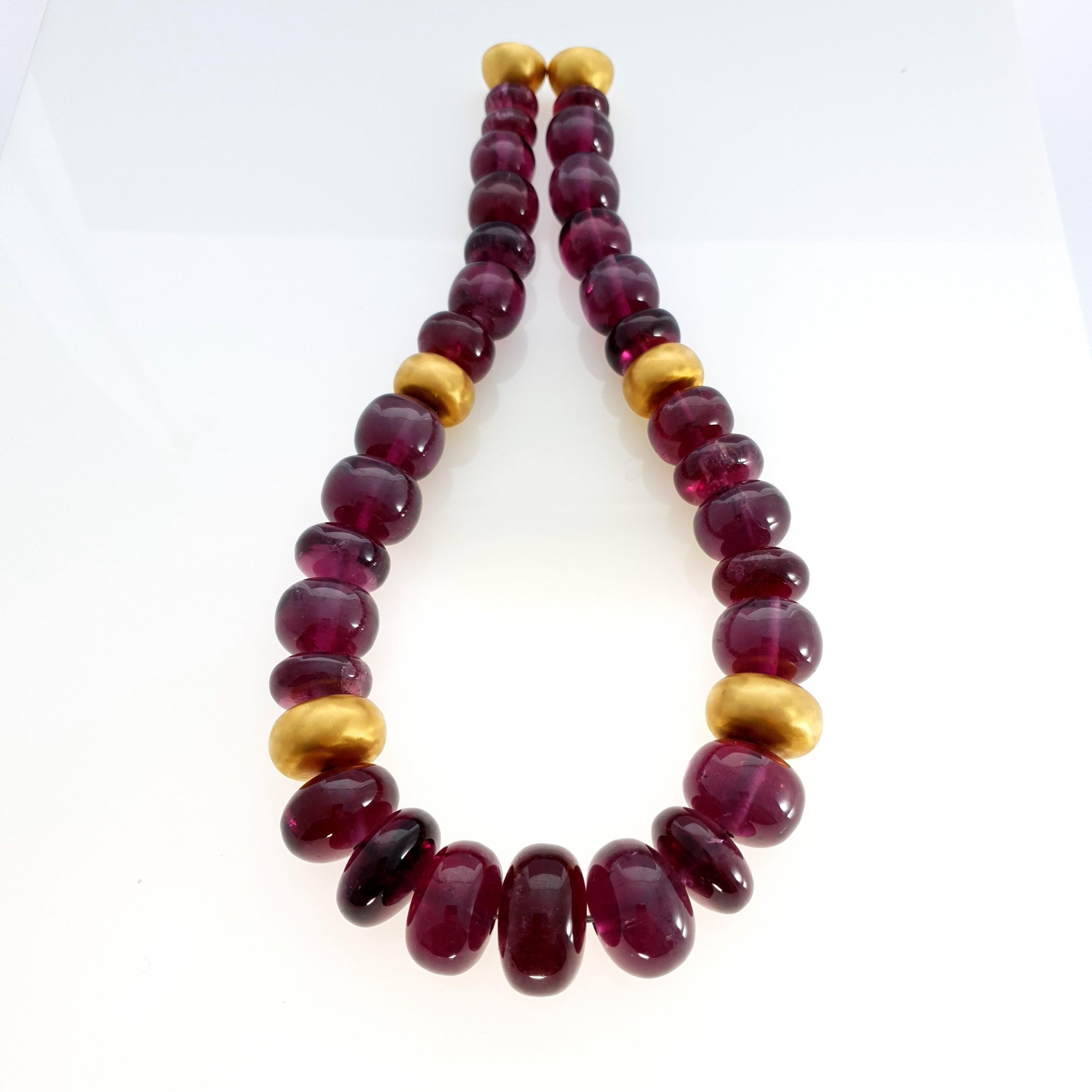 Women's Big Purple Rubelite Tourmaline Rondel Beaded Necklace with 18 Carat Yellow Gold For Sale