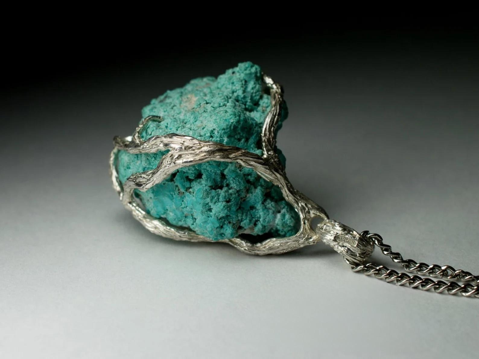Big Raw Turquoise Silver Pendant Natural Blue Unisex Jewelry Vintage gift For Sale 5