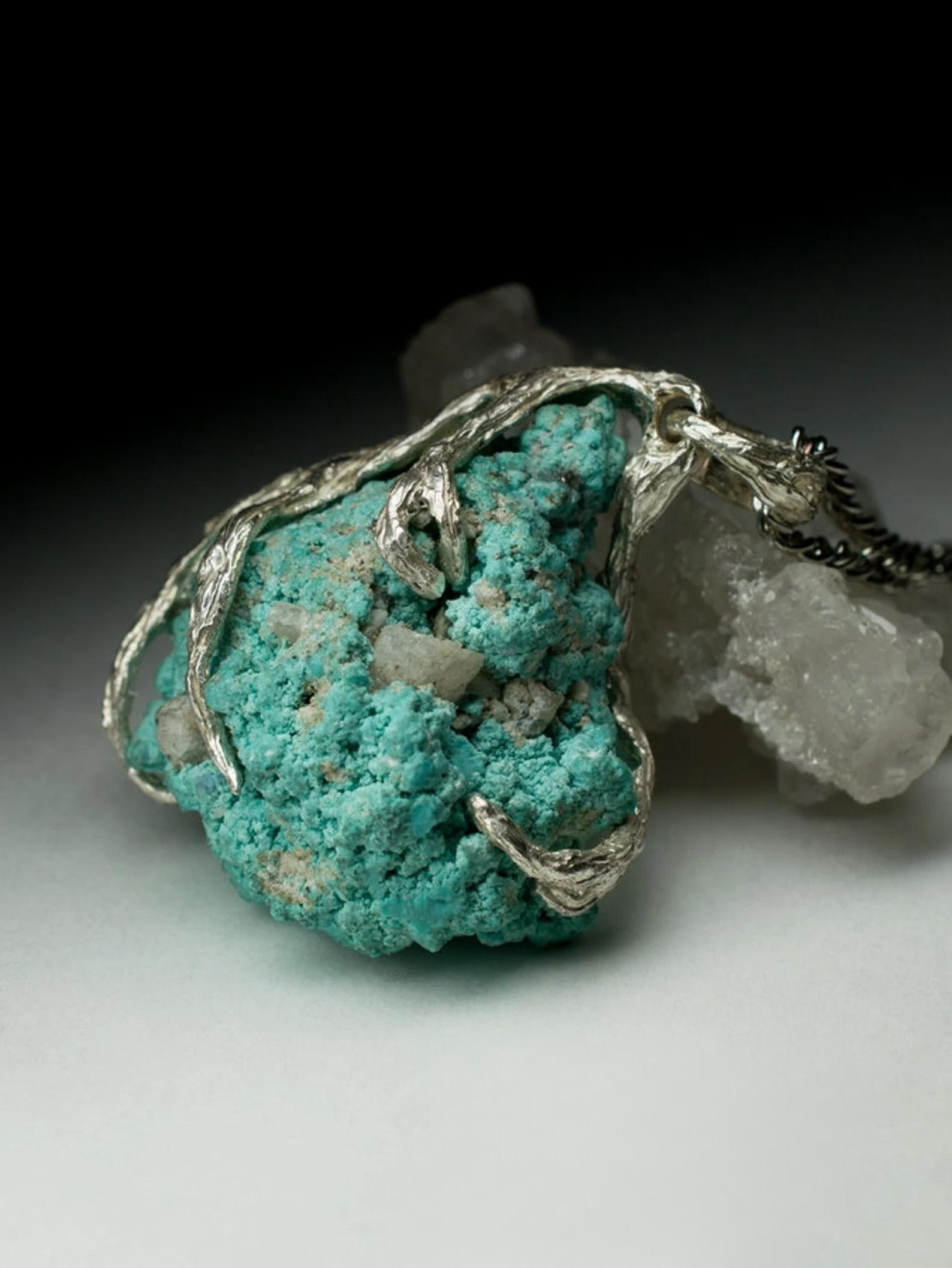 Artisan Big Raw Turquoise Silver Pendant Natural Blue Unisex Jewelry Vintage gift For Sale