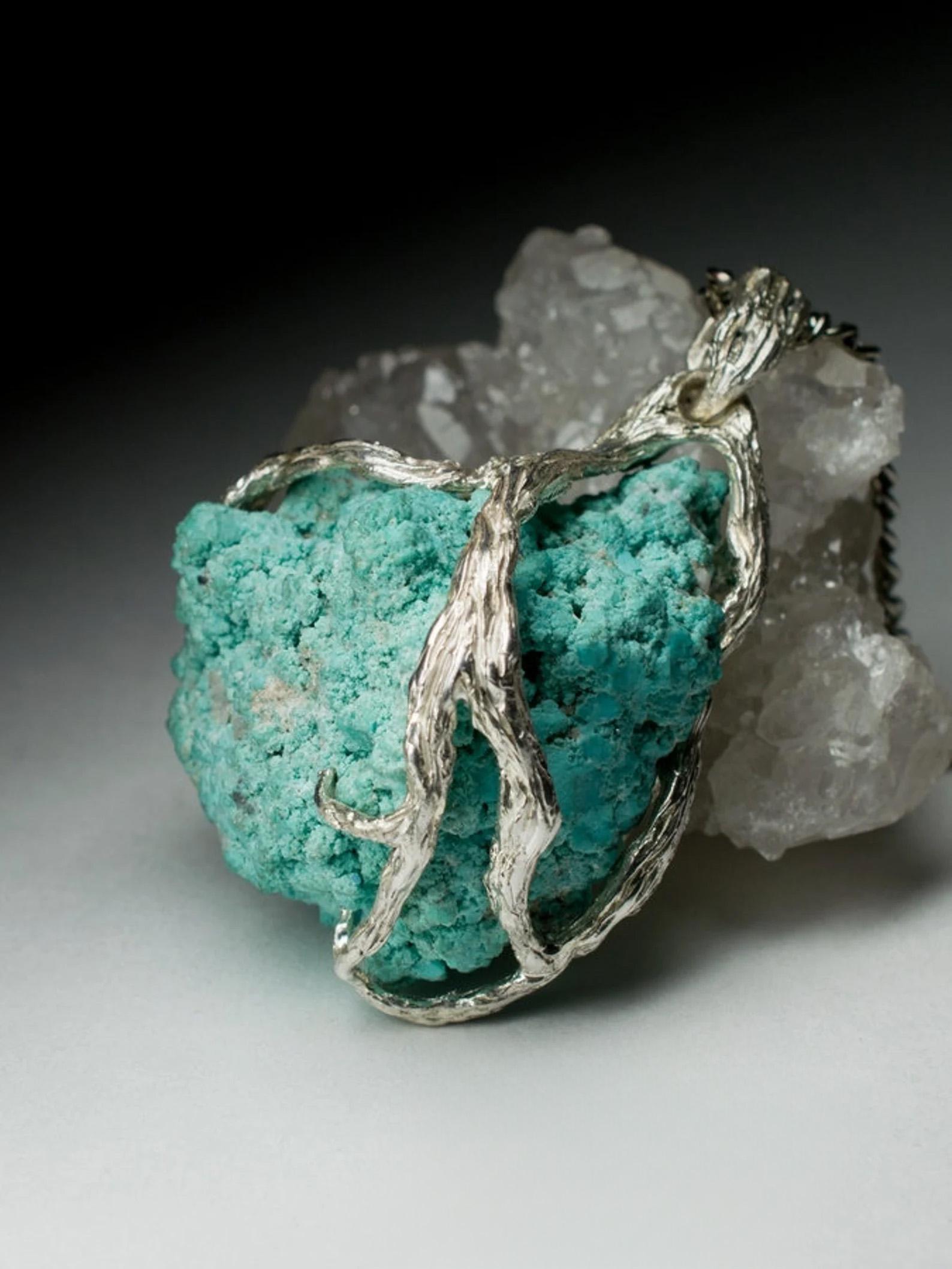 Big Raw Turquoise Silver Pendant Natural Blue Unisex Jewelry Vintage gift In New Condition For Sale In Berlin, DE