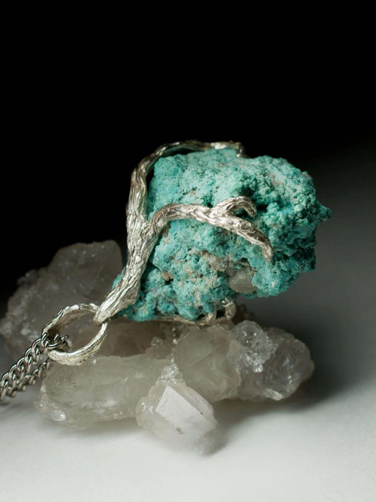 Big Raw Turquoise Silver Pendant Natural Blue Unisex Jewelry Vintage gift For Sale 1