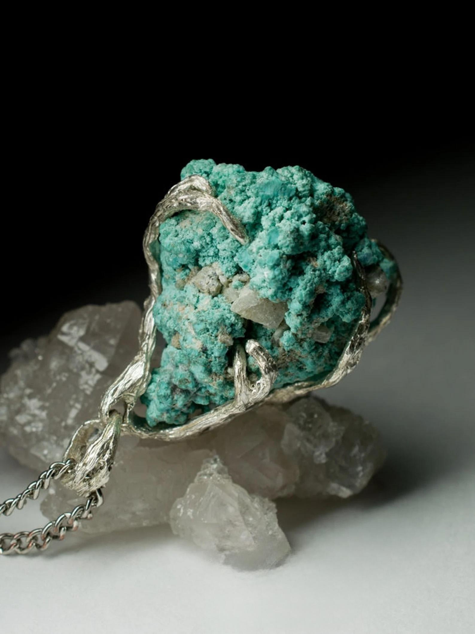 Big Raw Turquoise Silver Pendant Natural Blue Unisex Jewelry Vintage gift For Sale 2