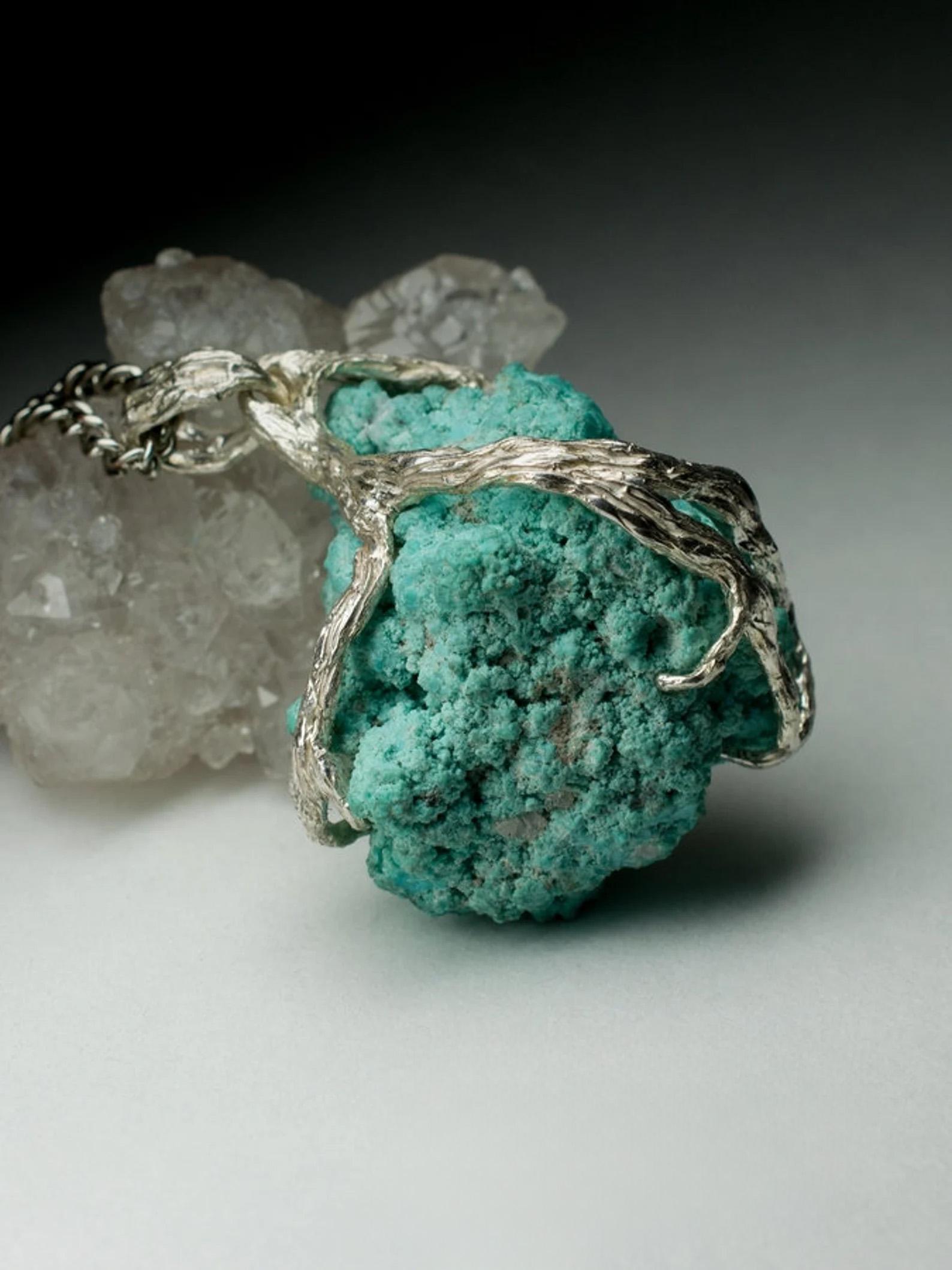 Big Raw Turquoise Silver Pendant Natural Blue Unisex Jewelry Vintage gift For Sale 3