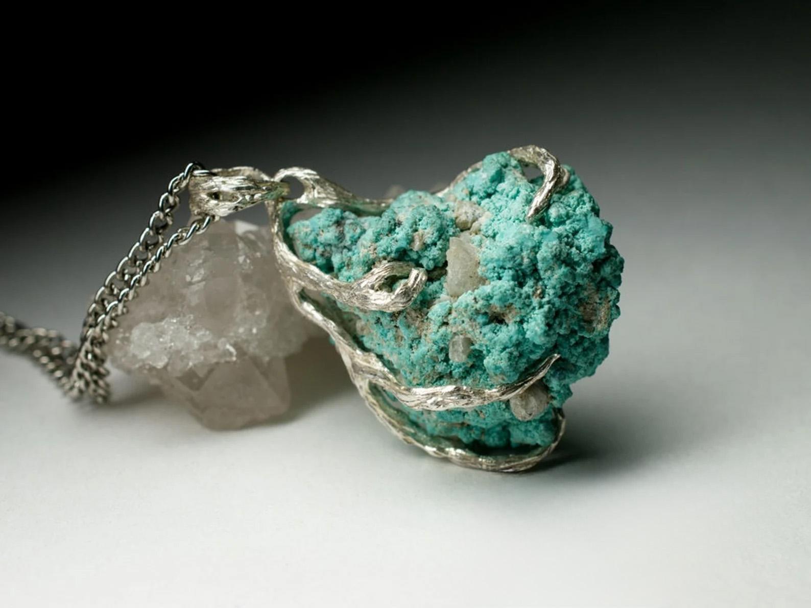 Big Raw Turquoise Silver Pendant Natural Blue Unisex Jewelry Vintage gift For Sale 4