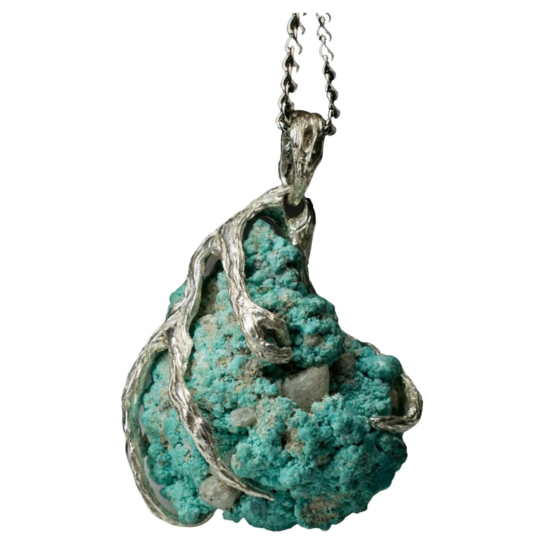 Big Raw Turquoise Silver Pendant Natural Blue Unisex Jewelry Vintage gift