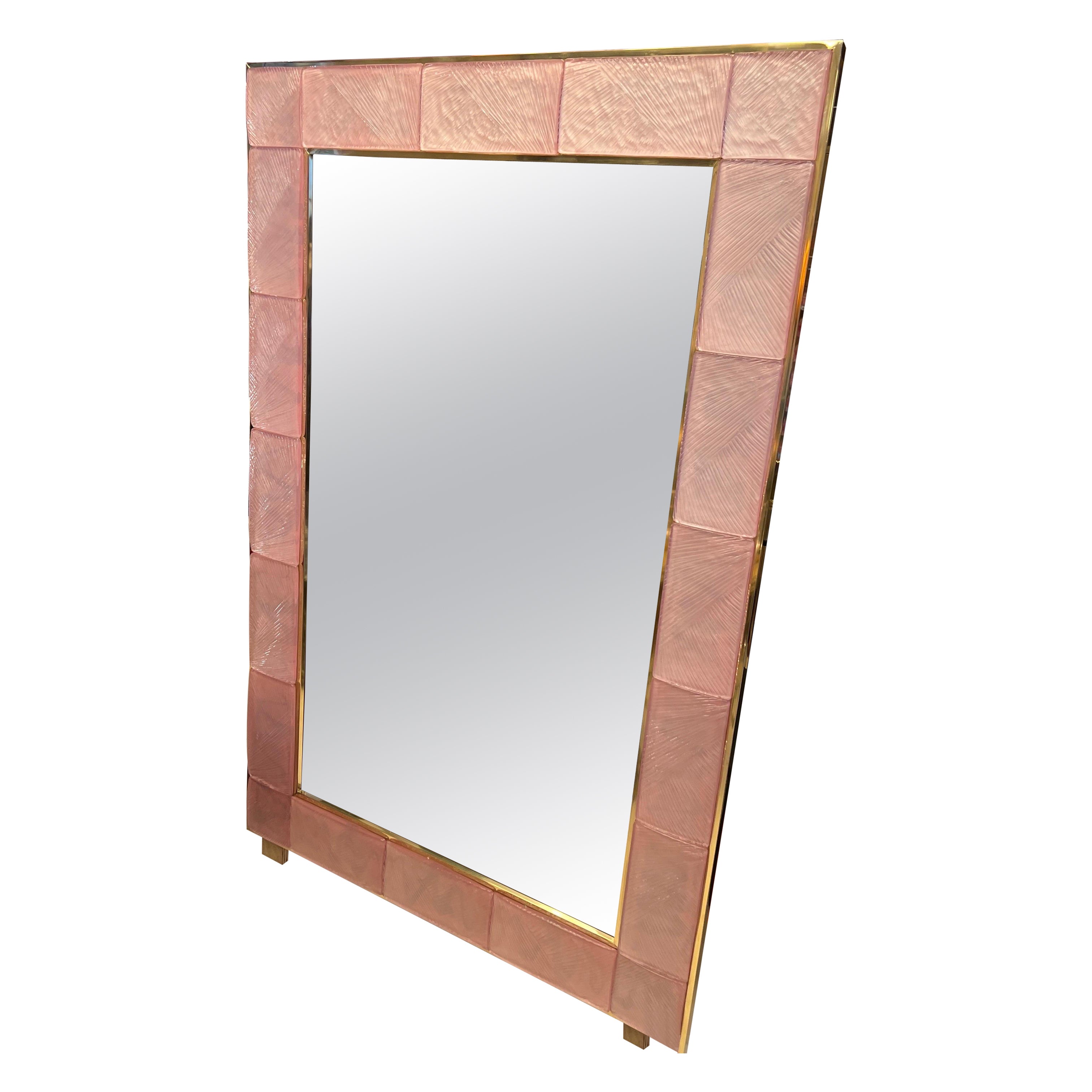 Big Rectangular Pink Striped-Effect Murano Glass Mirror For Sale