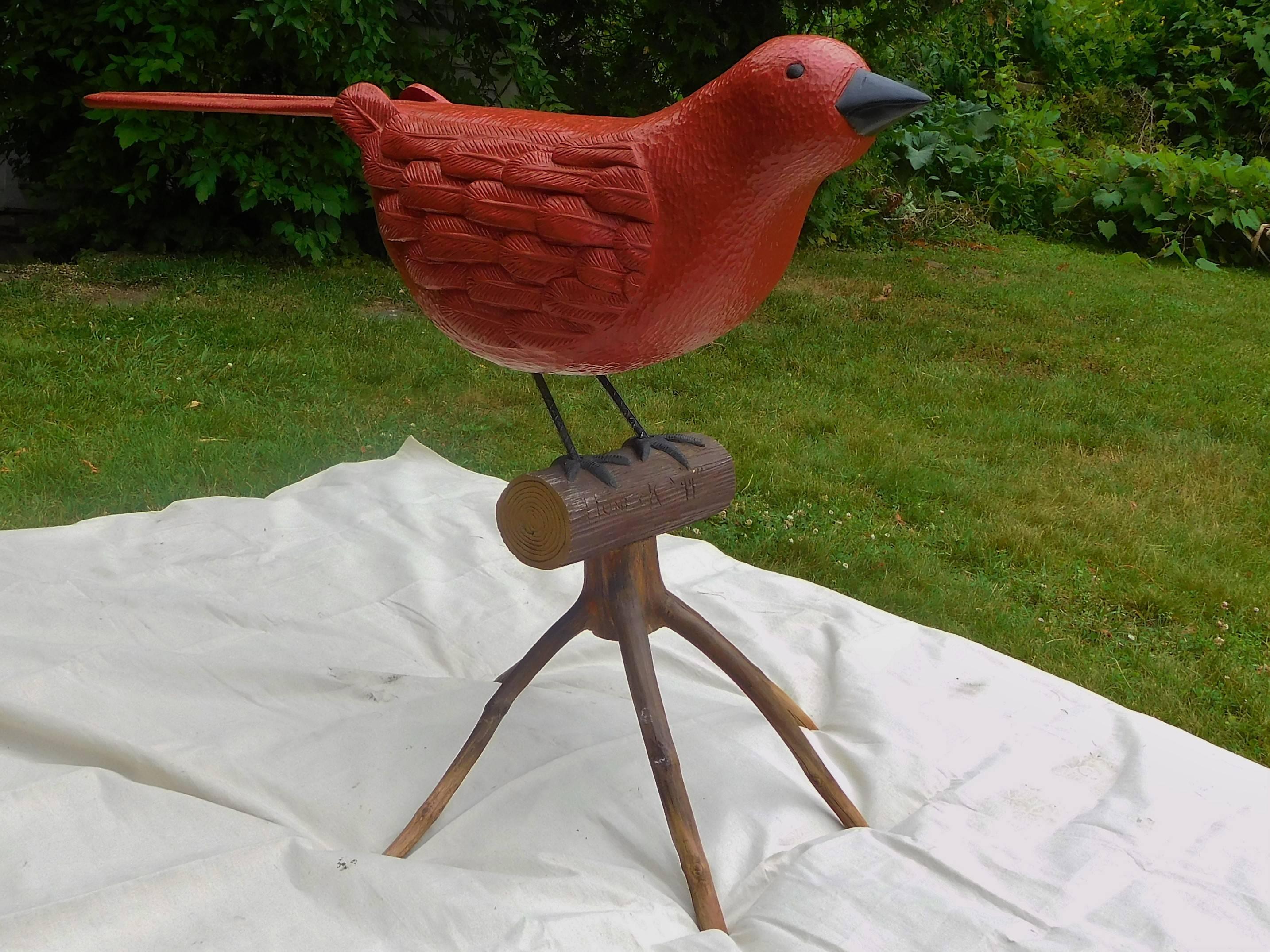 Hand-Carved Big Red Bird, Oversized Folk Art Sculpture by Stephen Huneck, 1994 Vermont For Sale