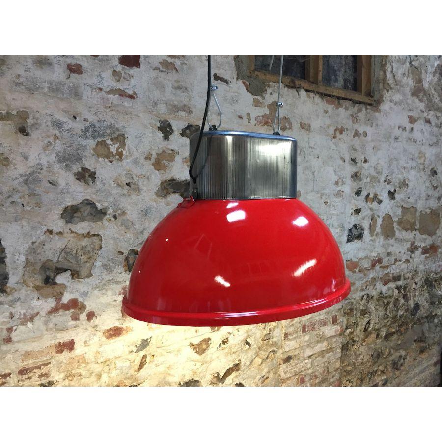 Big Red Industrial Vintage European Original Steel Pendant Lamp In Good Condition In Paris, FR