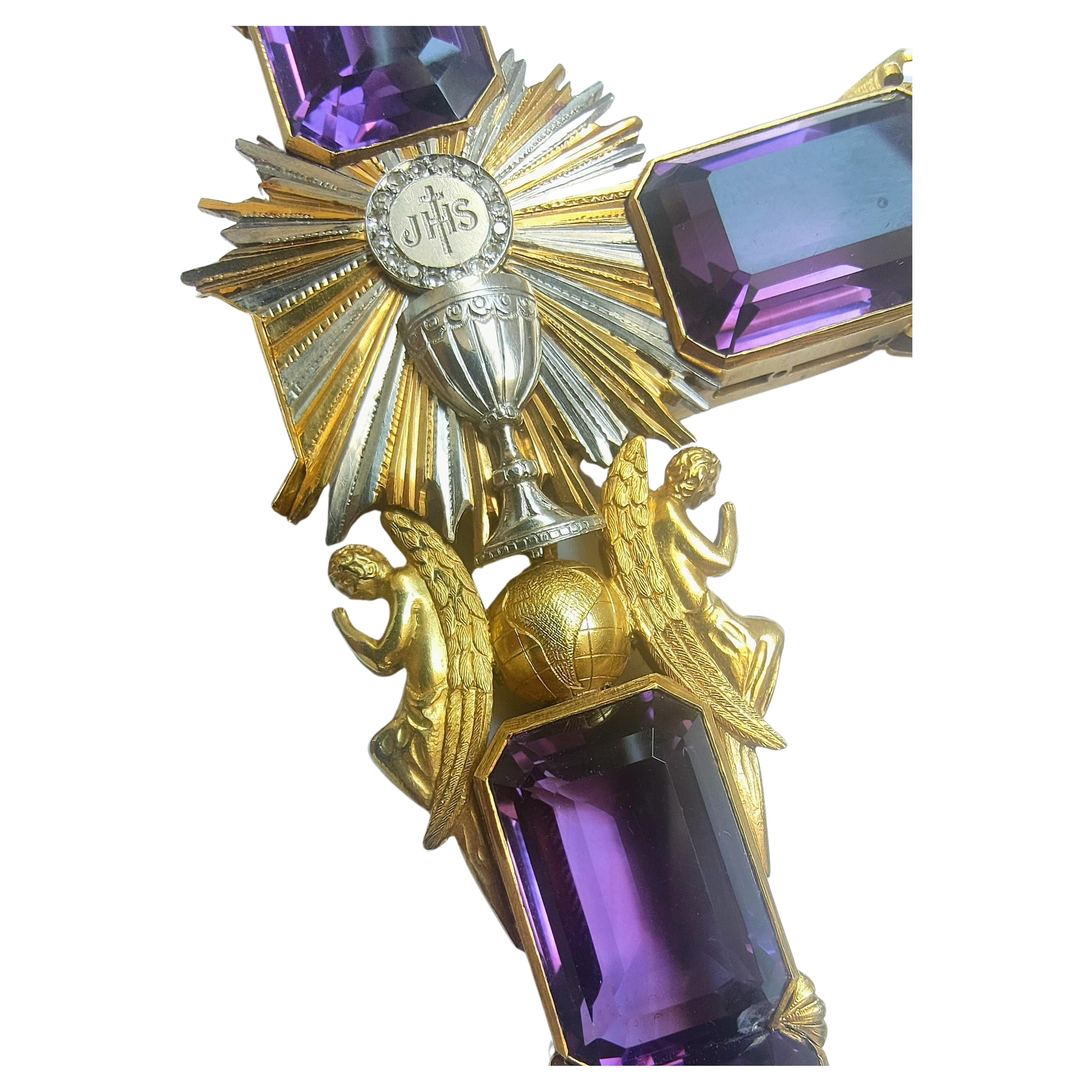 Religiöser Kreuz Amethyst 100 Karat Gelb- und Weißgold 18 Karat im Angebot 4