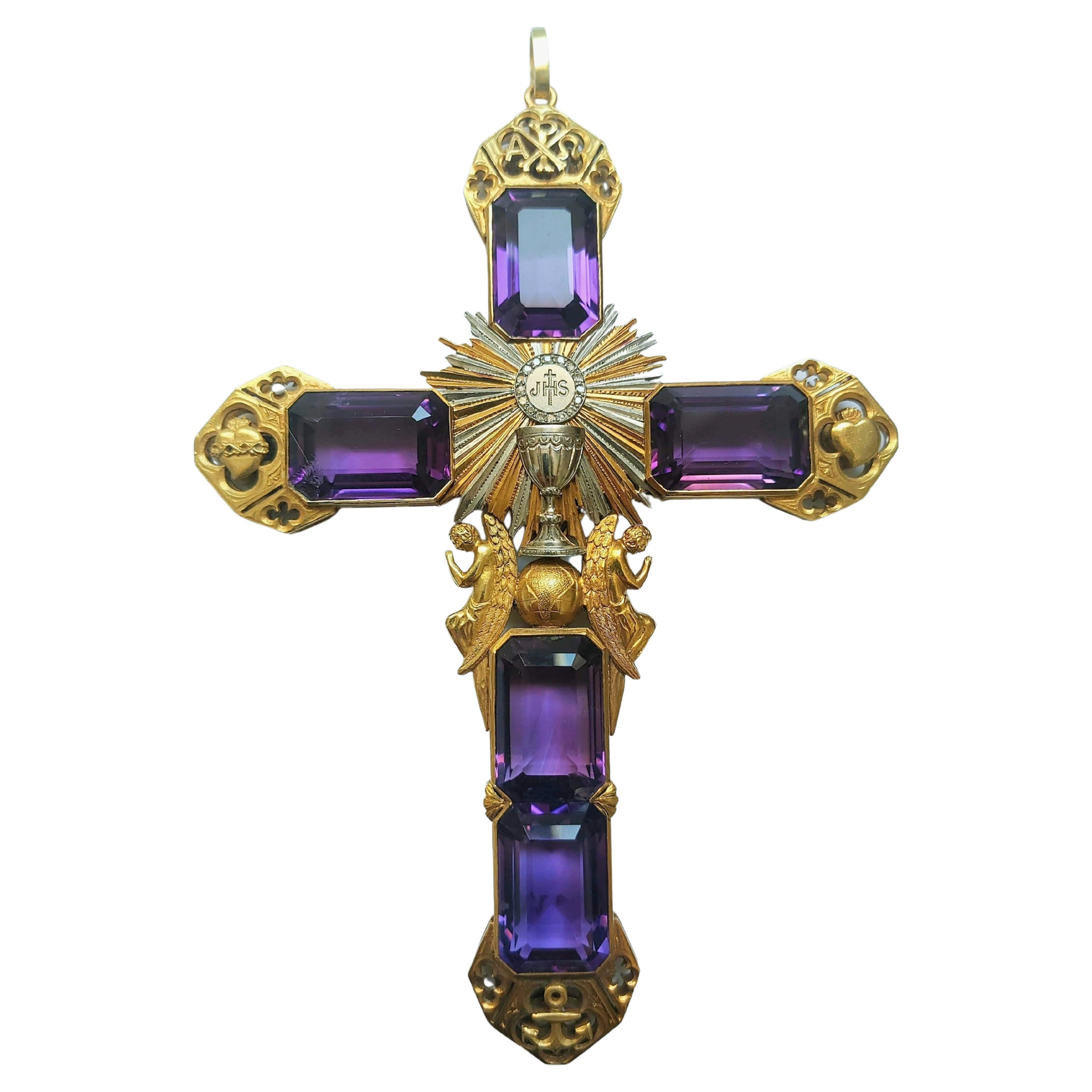Religiöser Kreuz Amethyst 100 Karat Gelb- und Weißgold 18 Karat im Angebot 5