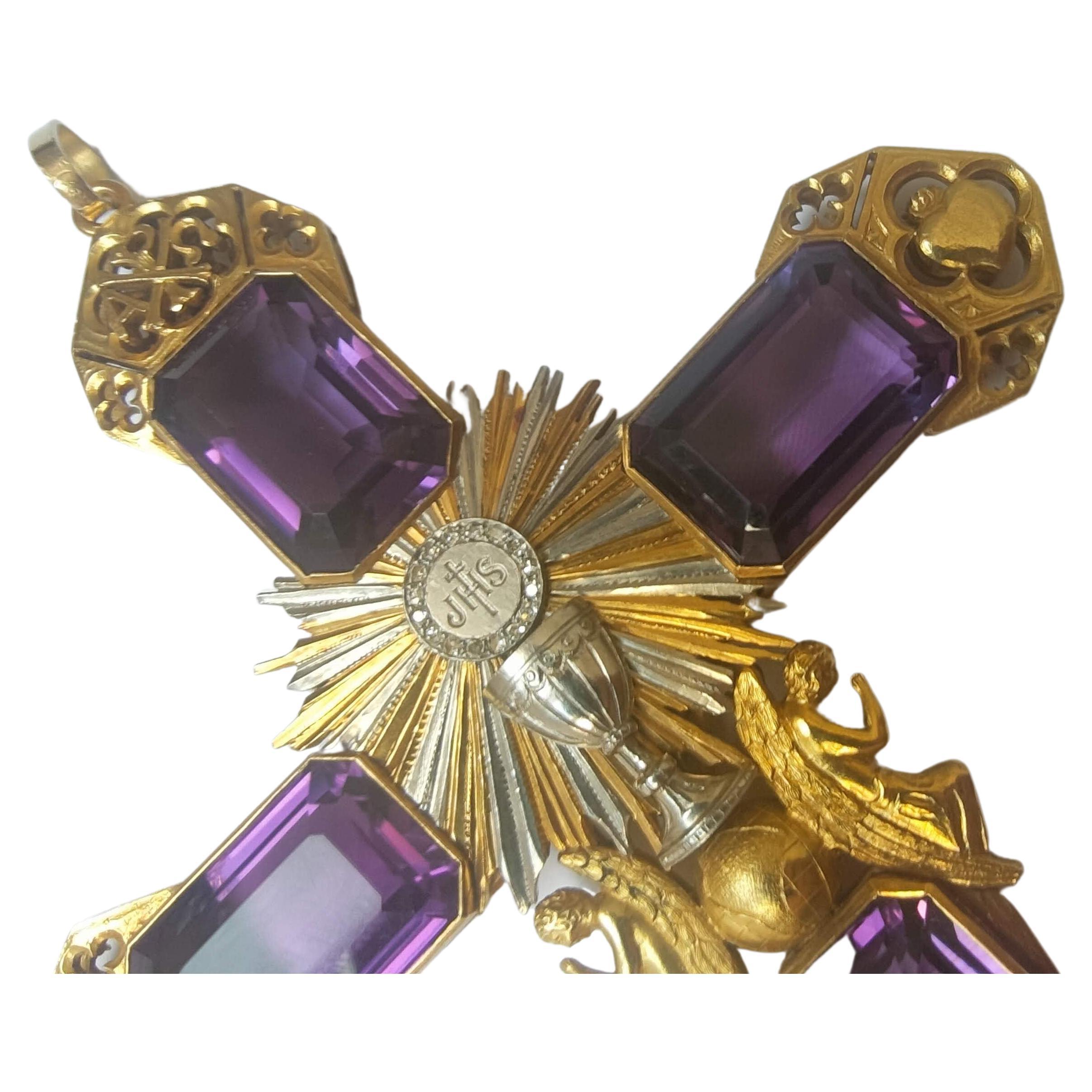 Religiöser Kreuz Amethyst 100 Karat Gelb- und Weißgold 18 Karat im Zustand „Gut“ im Angebot in Valencia, Comunidad Valenciana