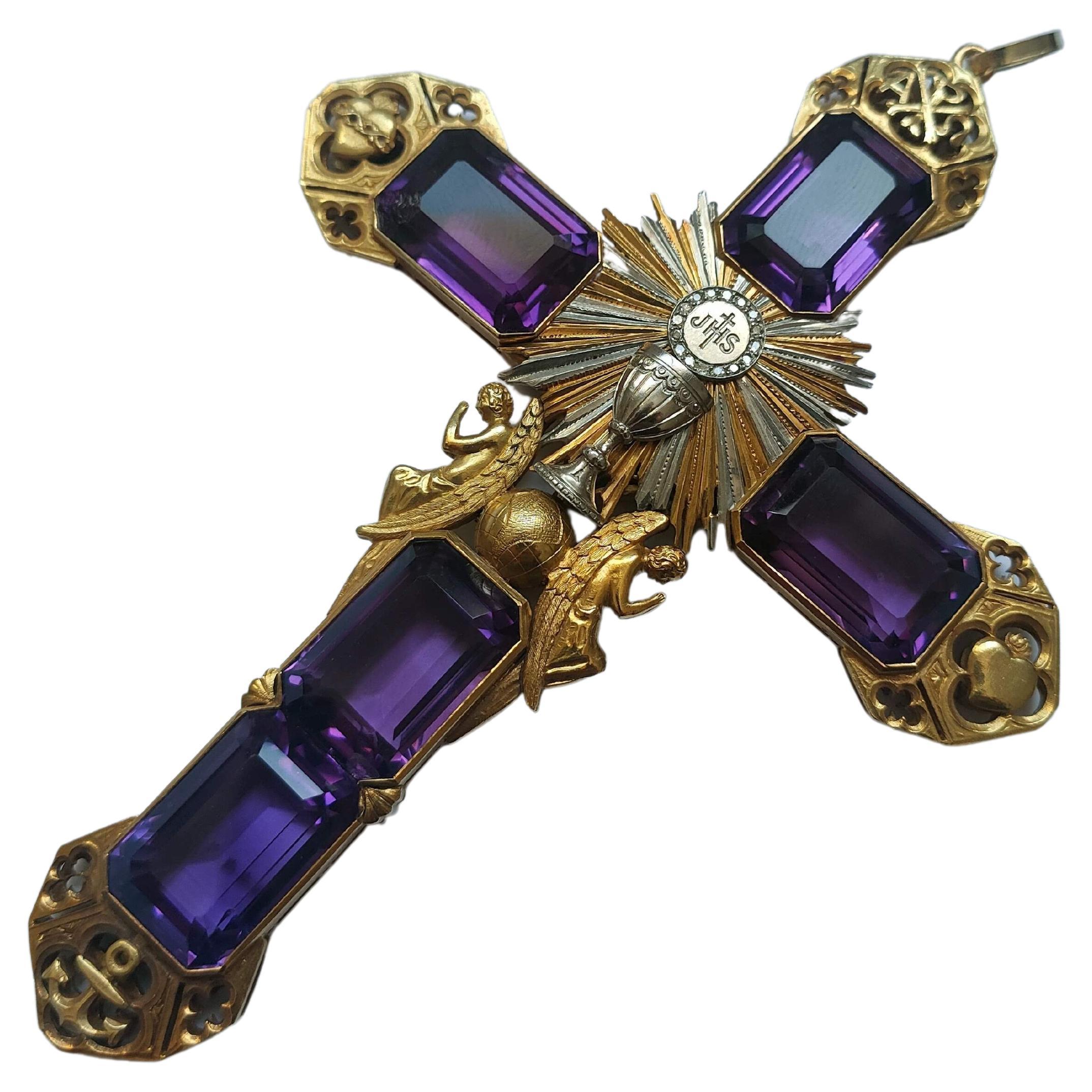 Religiöser Kreuz Amethyst 100 Karat Gelb- und Weißgold 18 Karat im Angebot 1