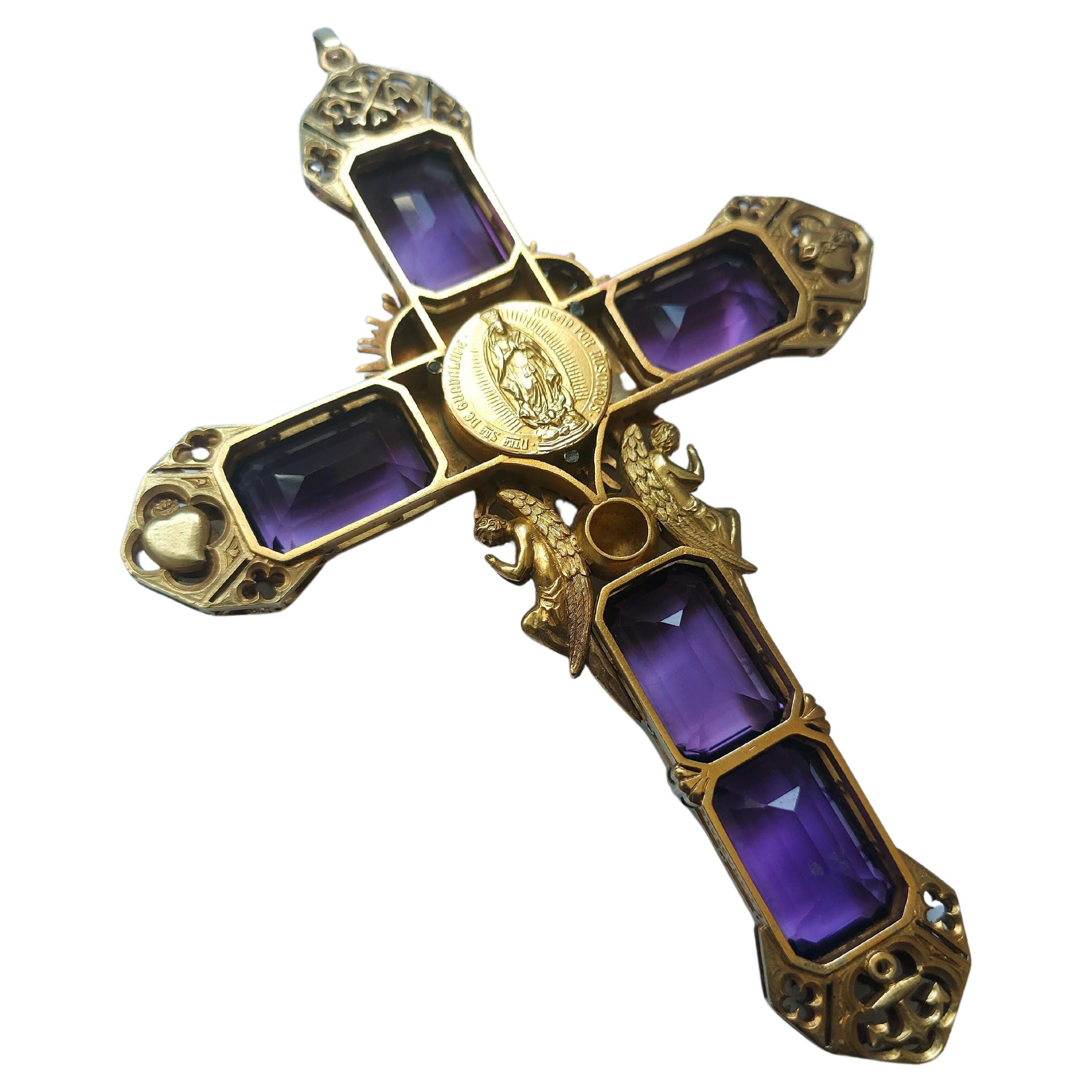 Religiöser Kreuz Amethyst 100 Karat Gelb- und Weißgold 18 Karat im Angebot 3