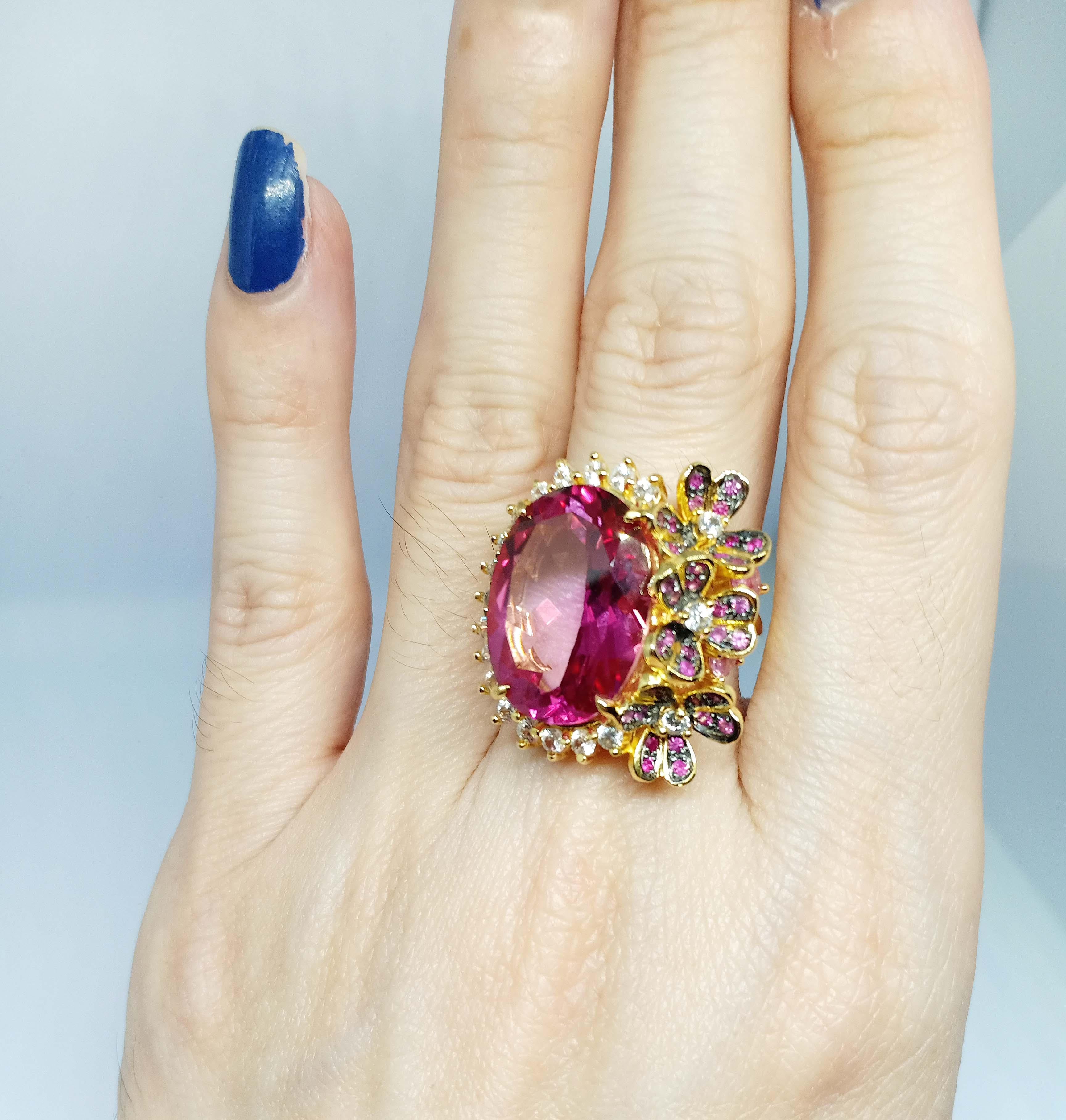 (Big Ring) Pink topaz (14.92cts) 18K gold plated on Sterling Silver For Sale 3