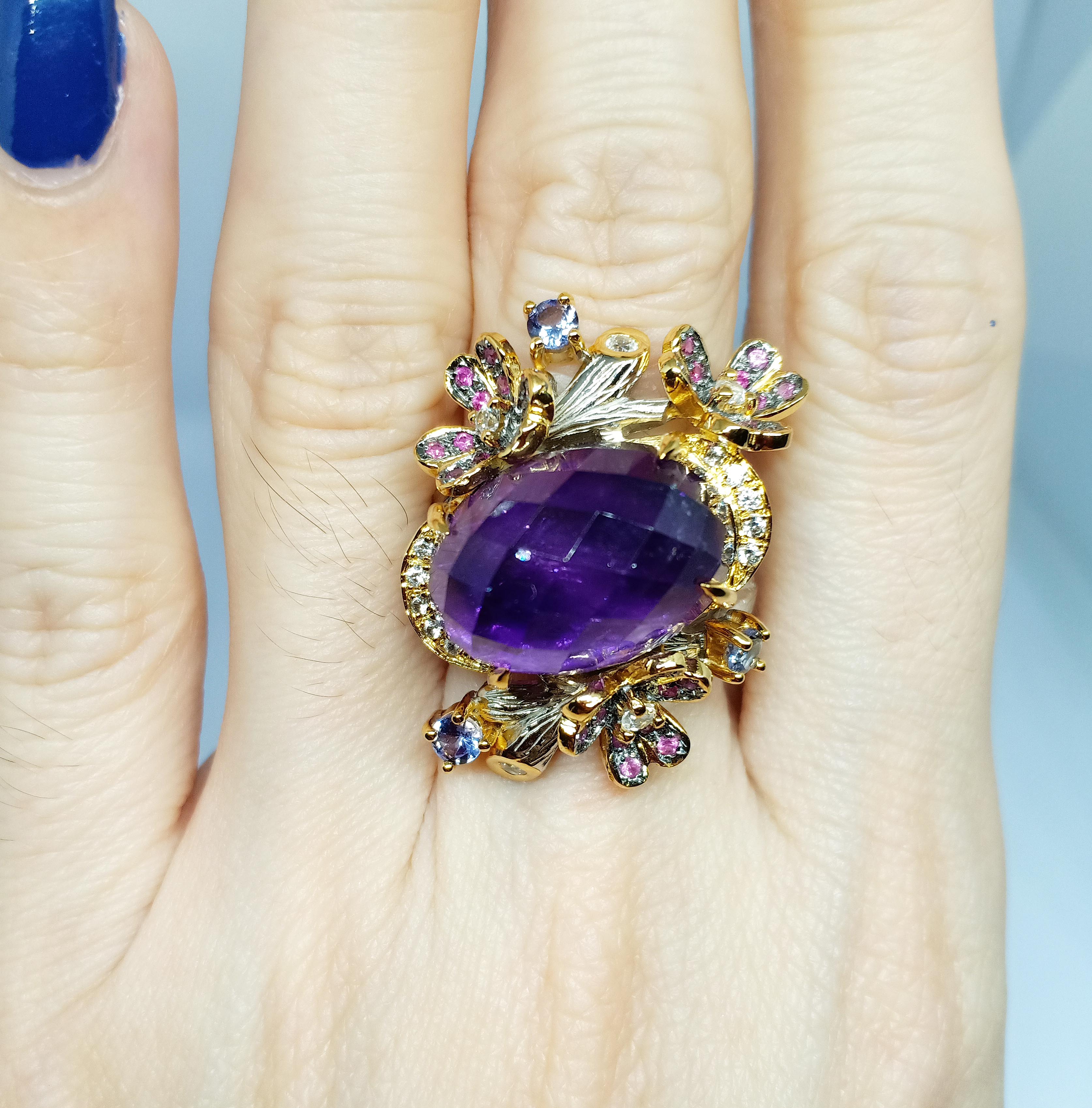 Art Nouveau (Big Ring)Amethysts(17.30cts)Gold Plated&White gold Plated over sterling silver  For Sale