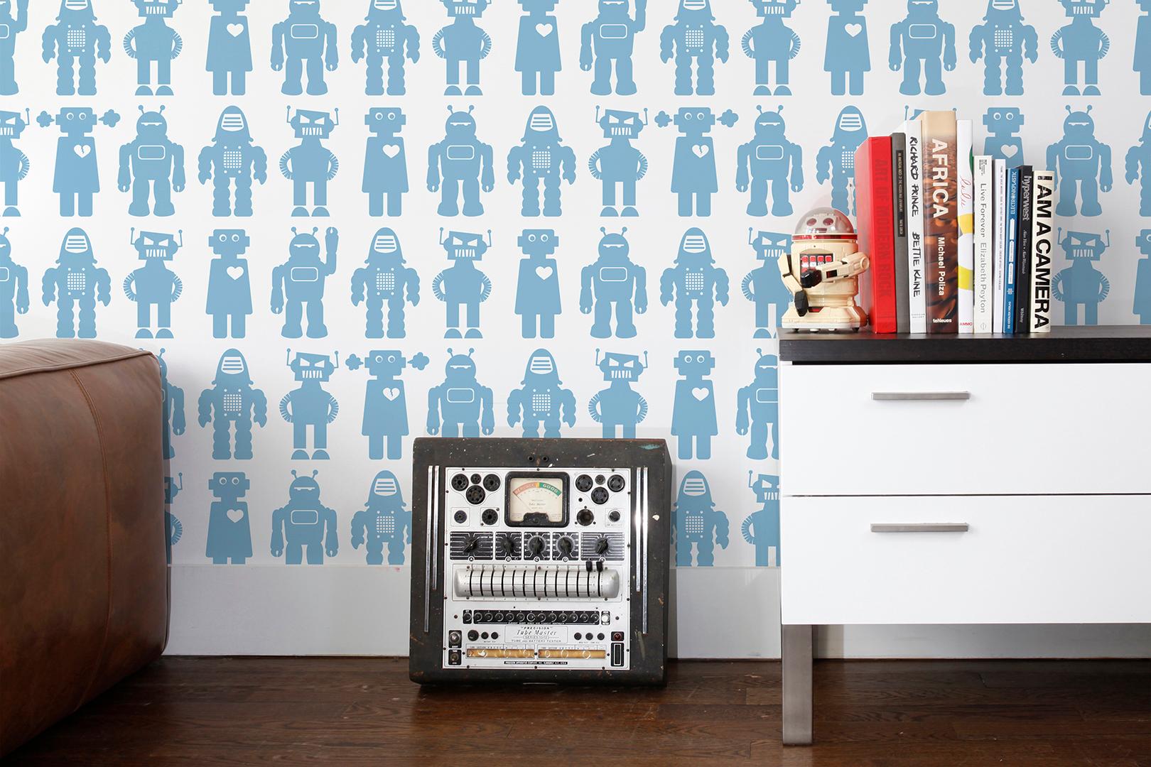 Big Robots Designer Wallpaper in Robin 'Robin Blue on White' In New Condition For Sale In Brooklyn, NY