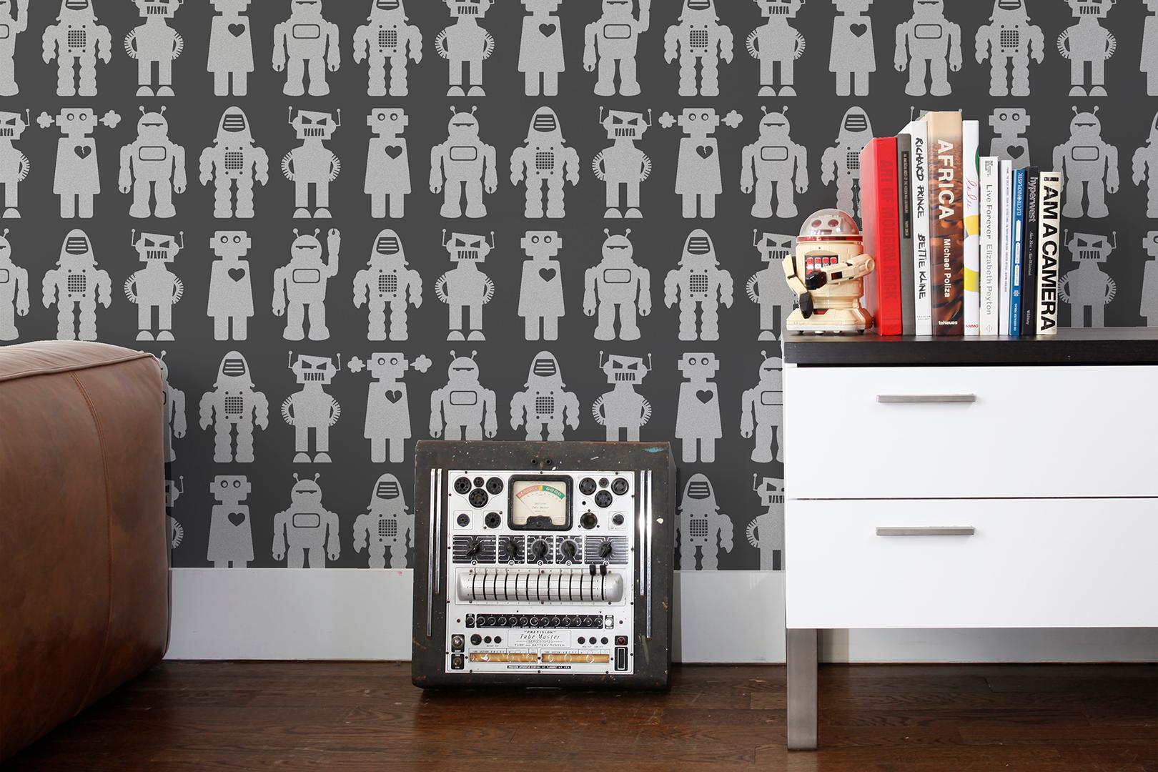 This classic robots pattern by Aimée is screen-printed by hand on clay-coated, FSC-certified paper.

Samples are available for $18 including US shipping, please message us to purchase.

Printing: Screen-printed by hand (minimum order and setup fees