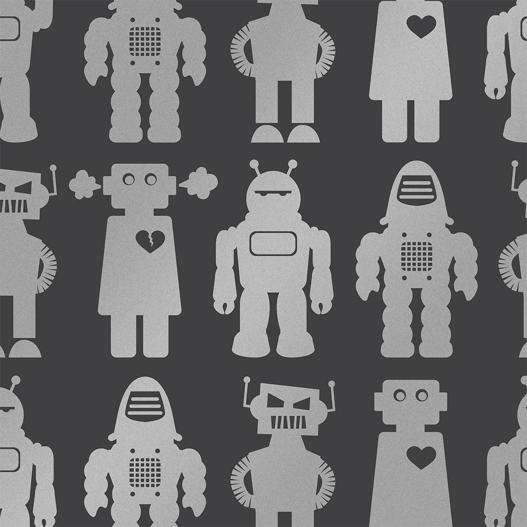 Big Robots Designer Wallpaper in Thunder 'Metallic Silver on Charcoal' For Sale