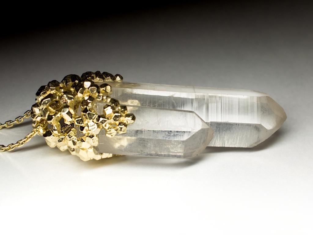 Big Rock Crystal Yellow Gold Pendant Magic Power Uncut Gem Clear Quartz  For Sale 2