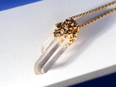 Big Rock Crystal Yellow Gold Pendant Magic Power Uncut Gem Clear Quartz