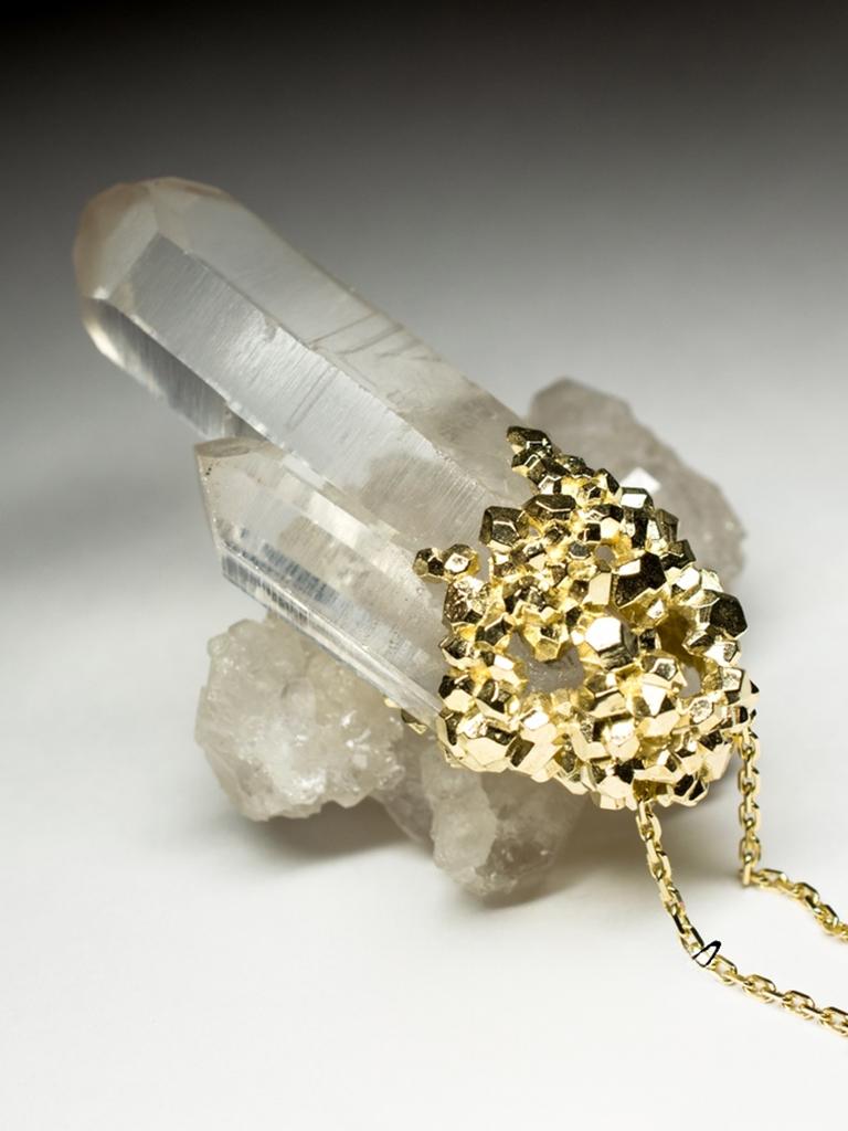 Women's or Men's Big Rock Crystal Yellow Gold Pendant Magic Power Uncut Gem Clear Quartz  For Sale