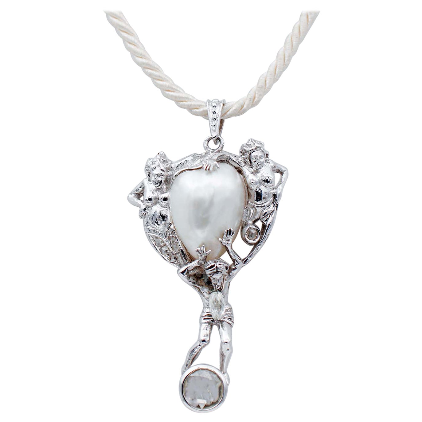 Großer Diamant im Rosenschliff, Barockperle, Diamanten, 14Kt Weißgold-Anhänger-Halskette. im Angebot