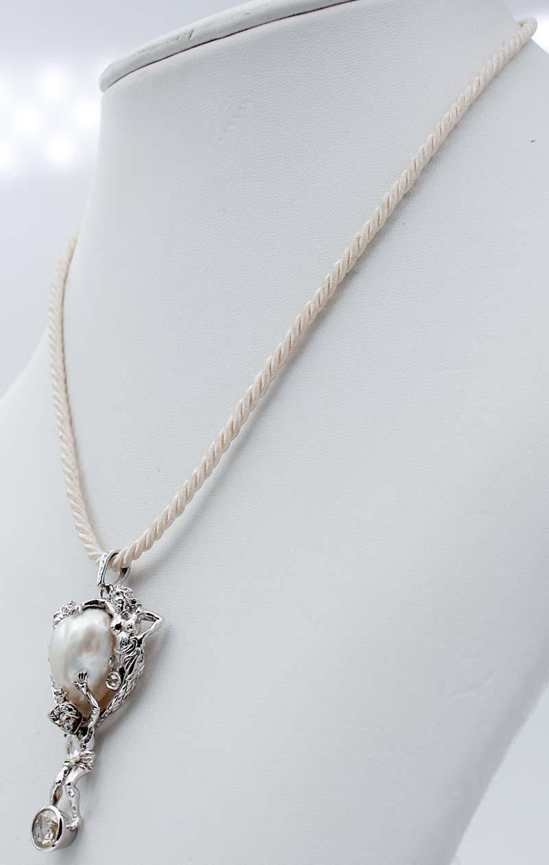 Retro Big Rose Cut Diamond, Baroque Pearl, Diamonds, 14Kt White Gold Pendant Necklace. For Sale