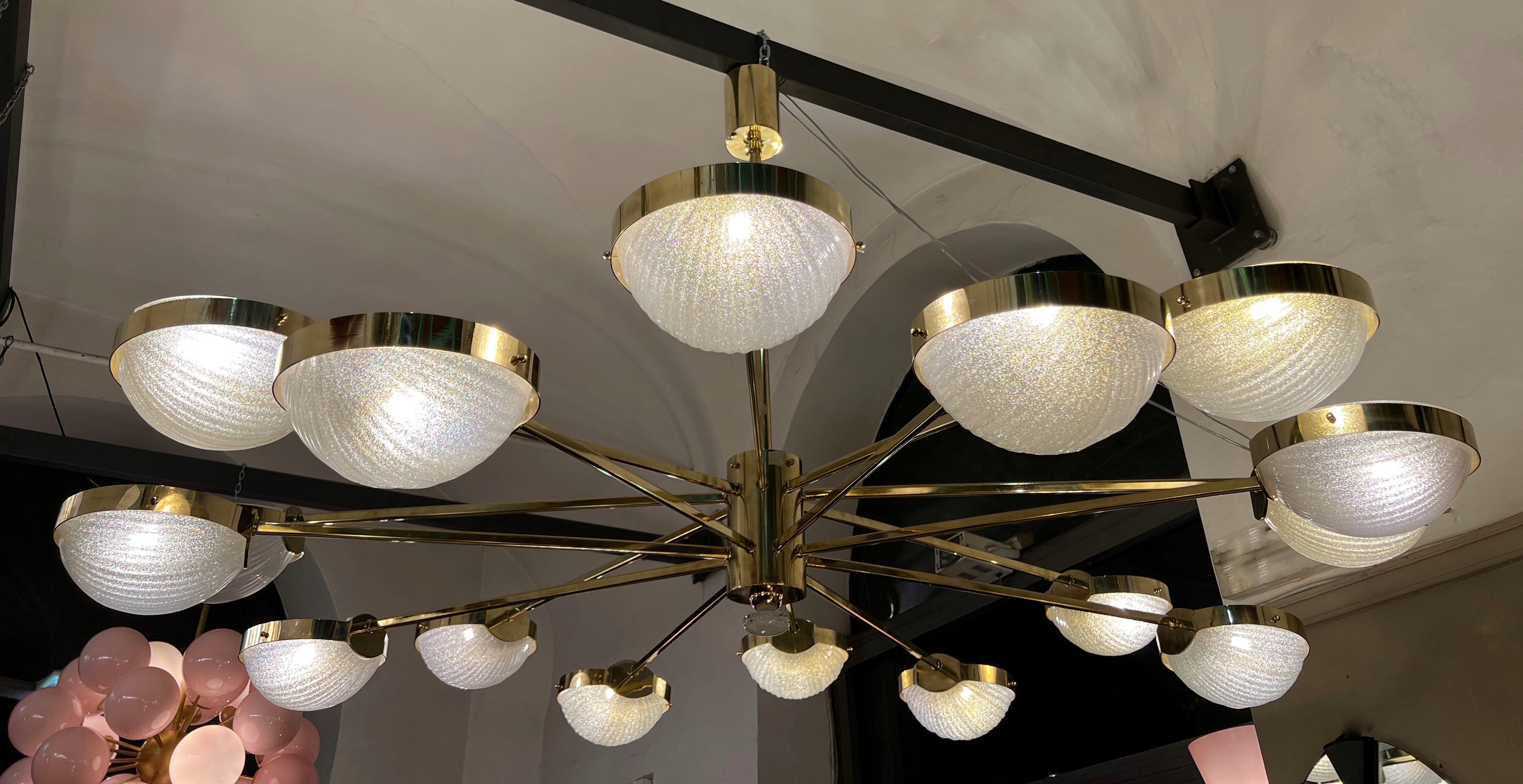Big Round Murano Clear Glass and Staggered Brass Arms Chandelier 1970 In Good Condition For Sale In Florence, IT