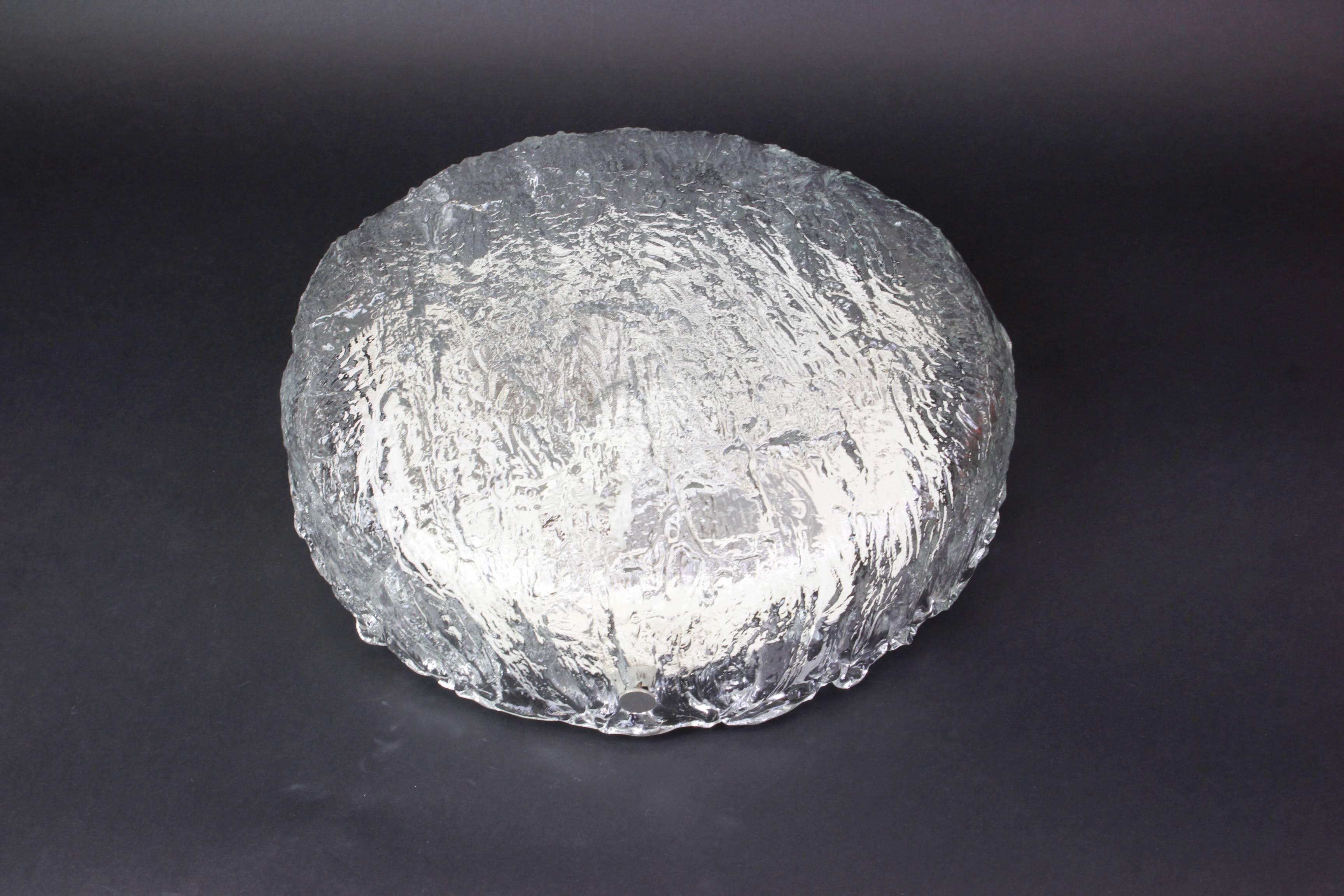 Mid-Century Modern Big Round Murano Ice Glass Flush Mount, Kaiser, Germany, 1970s For Sale