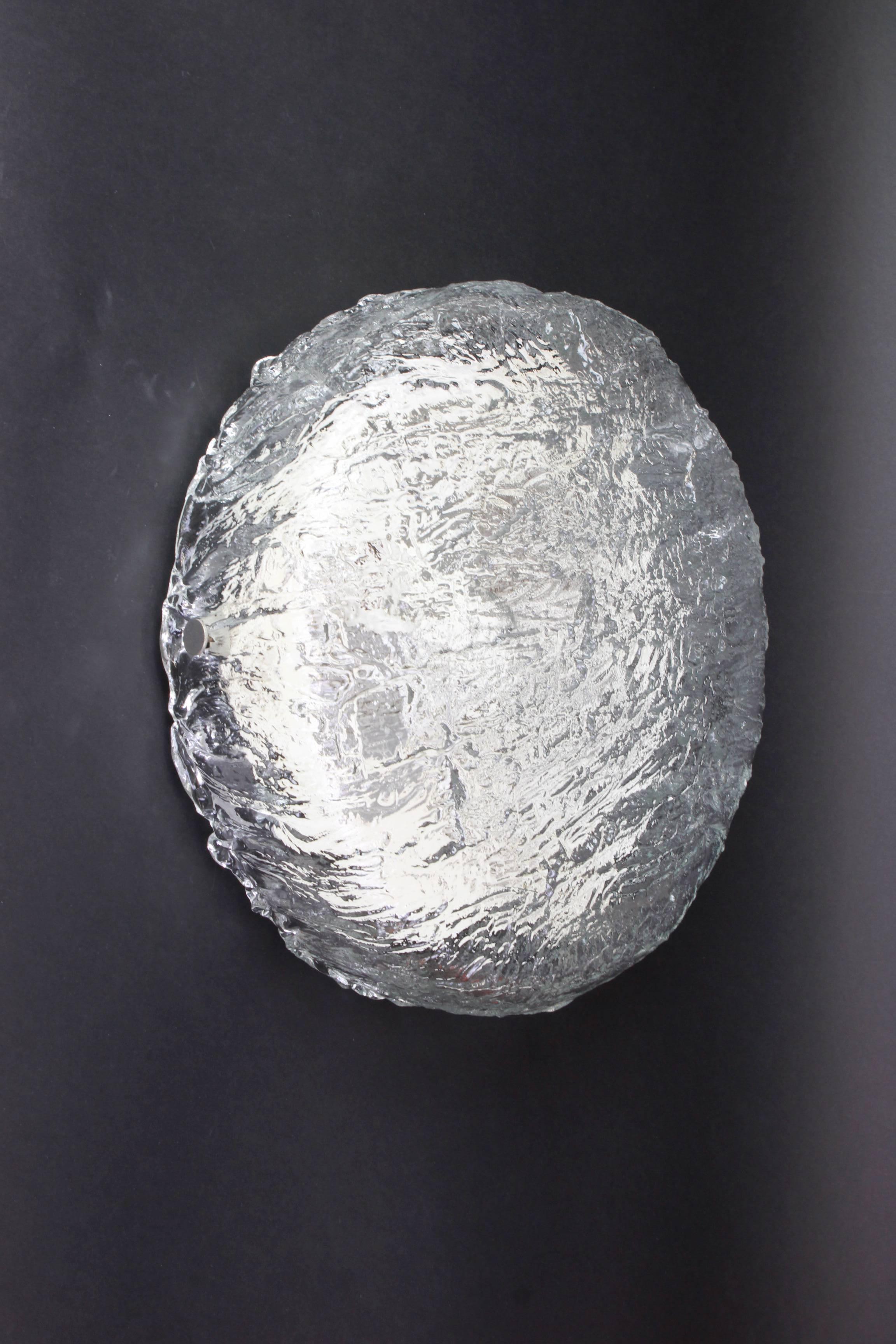 Mid-Century Modern 1 of 3 Large Round Murano Ice Glass Flush Mount, Kaiser, Germany, 1970s For Sale
