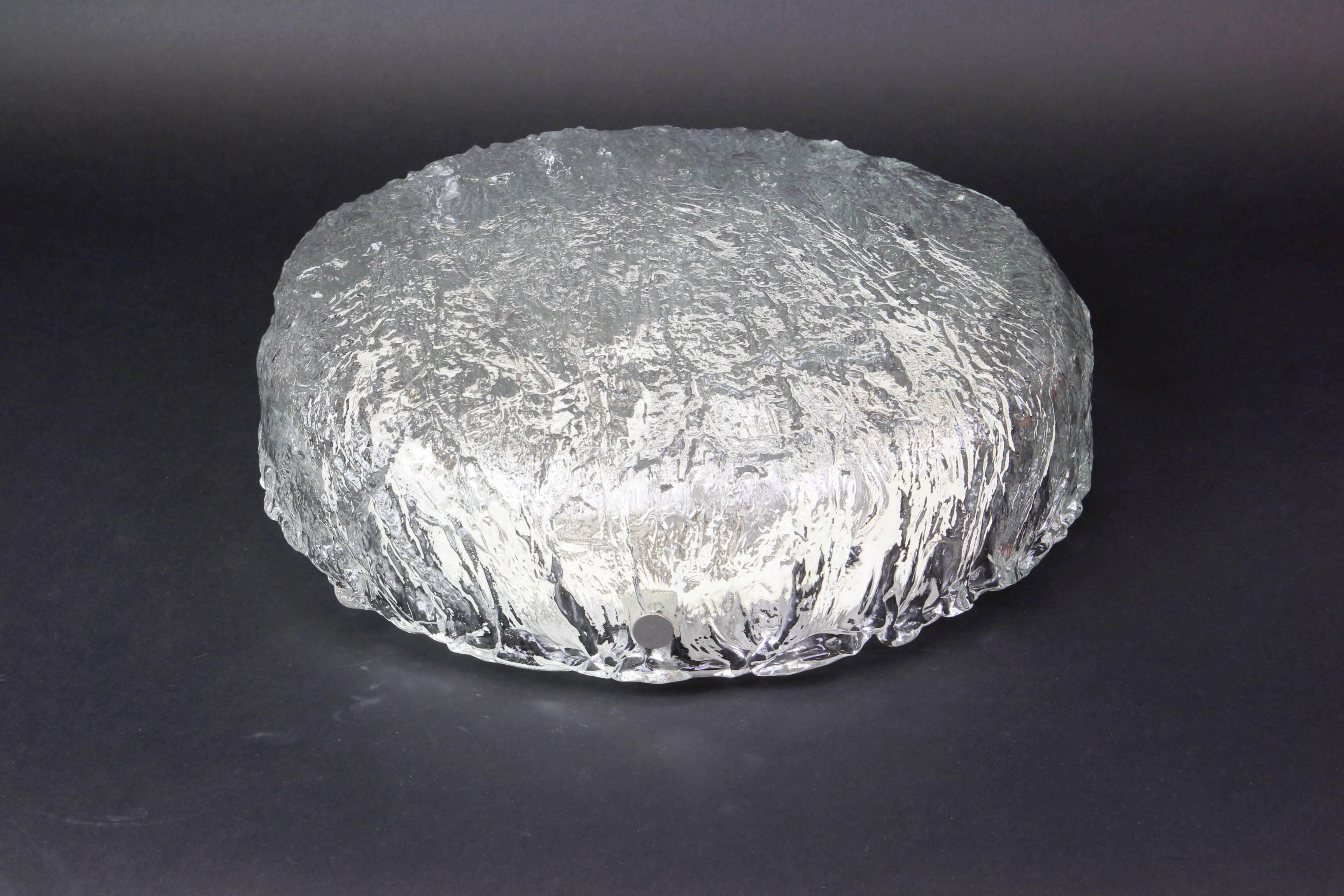 Big Round Murano Ice Glass Flush Mount, Kaiser, Germany, 1970s In Good Condition For Sale In Aachen, NRW