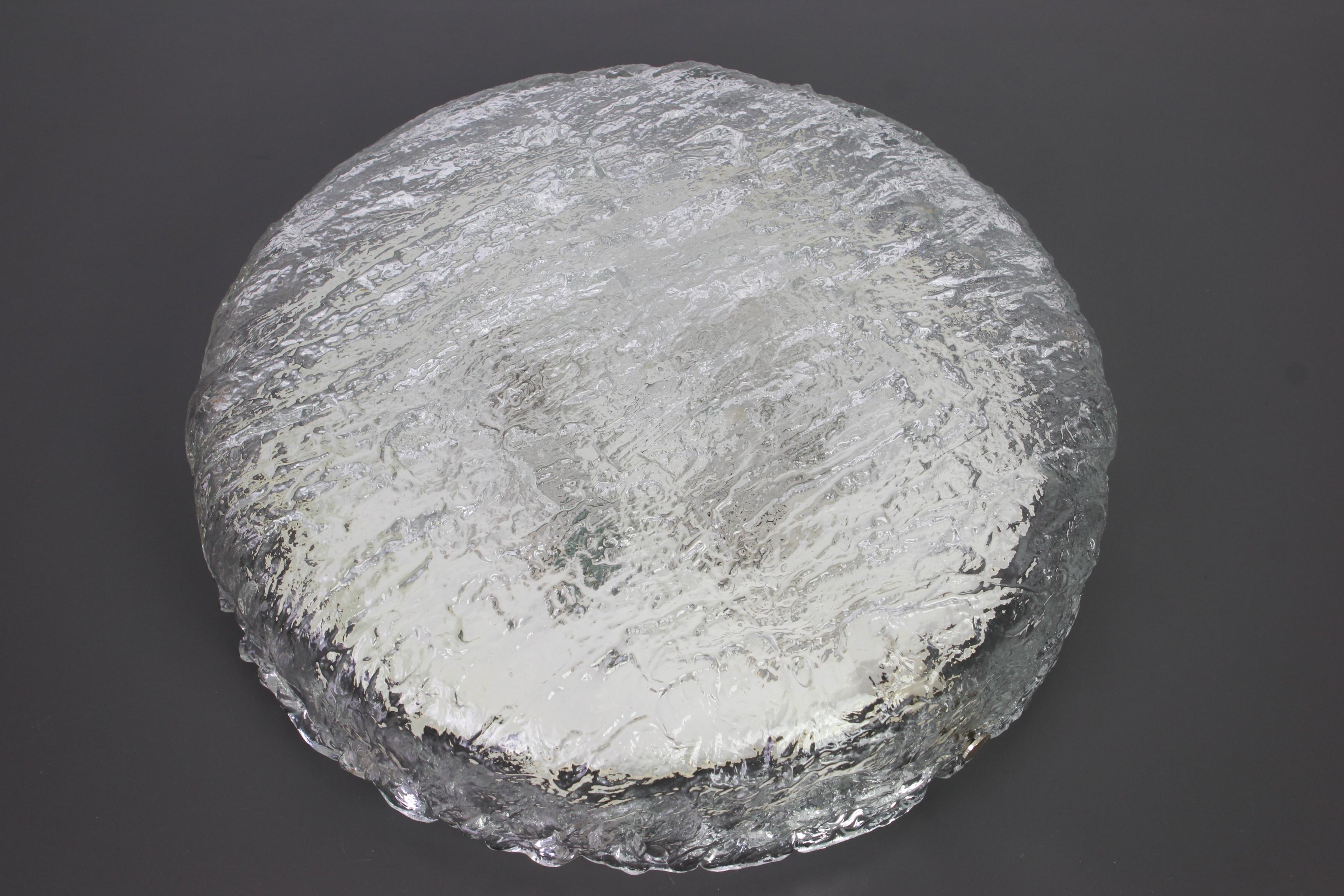 1 of 3 Large Round Murano Ice Glass Flush Mount, Kaiser, Germany, 1970s For Sale 1