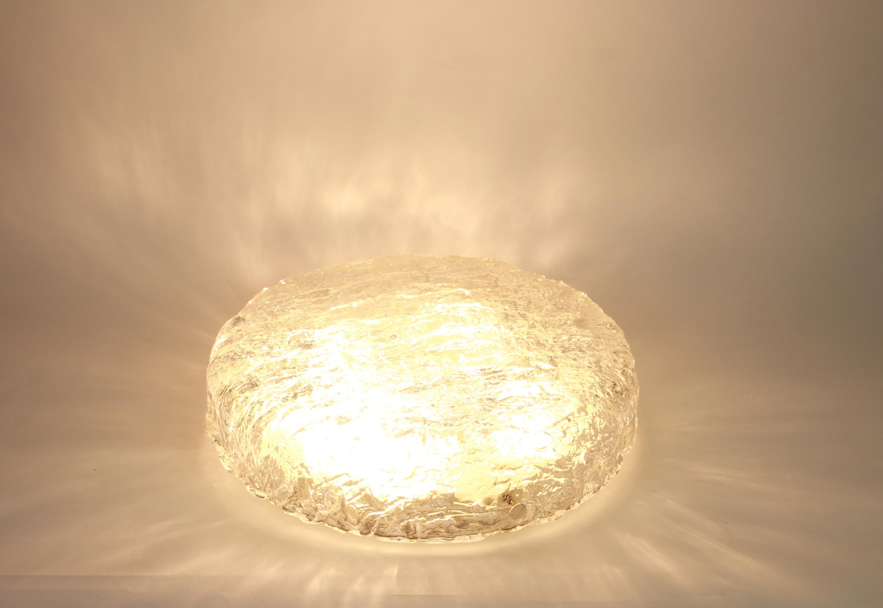 Big Round Murano Ice Glass Flush Mount, Kaiser, Germany, 1970s For Sale 2