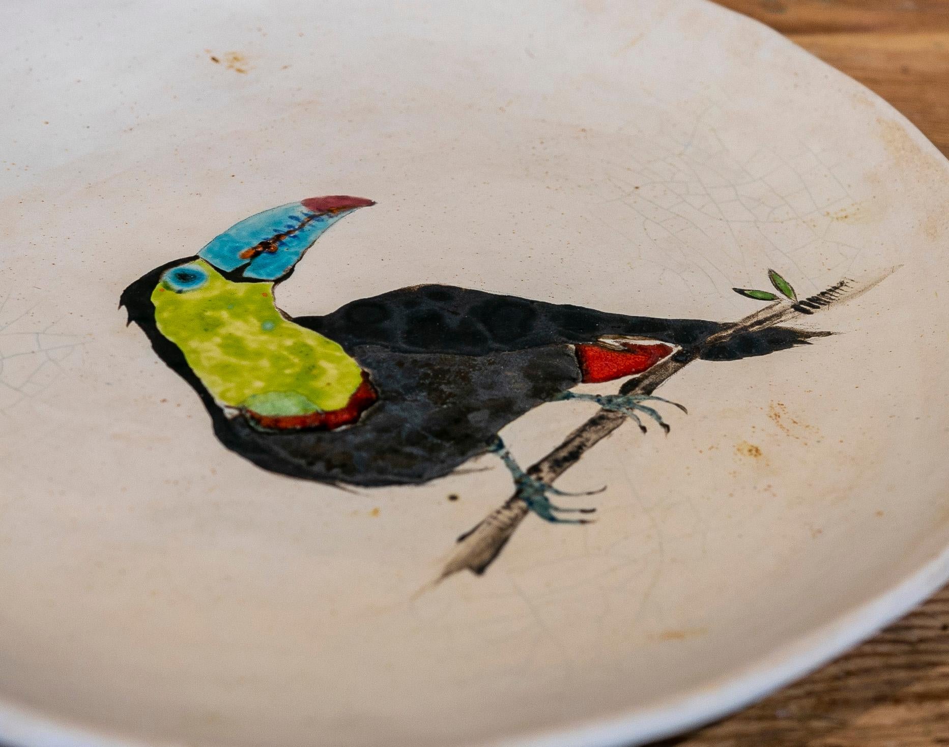 Big Round Plate in hand painted Ceramic with Bird 8