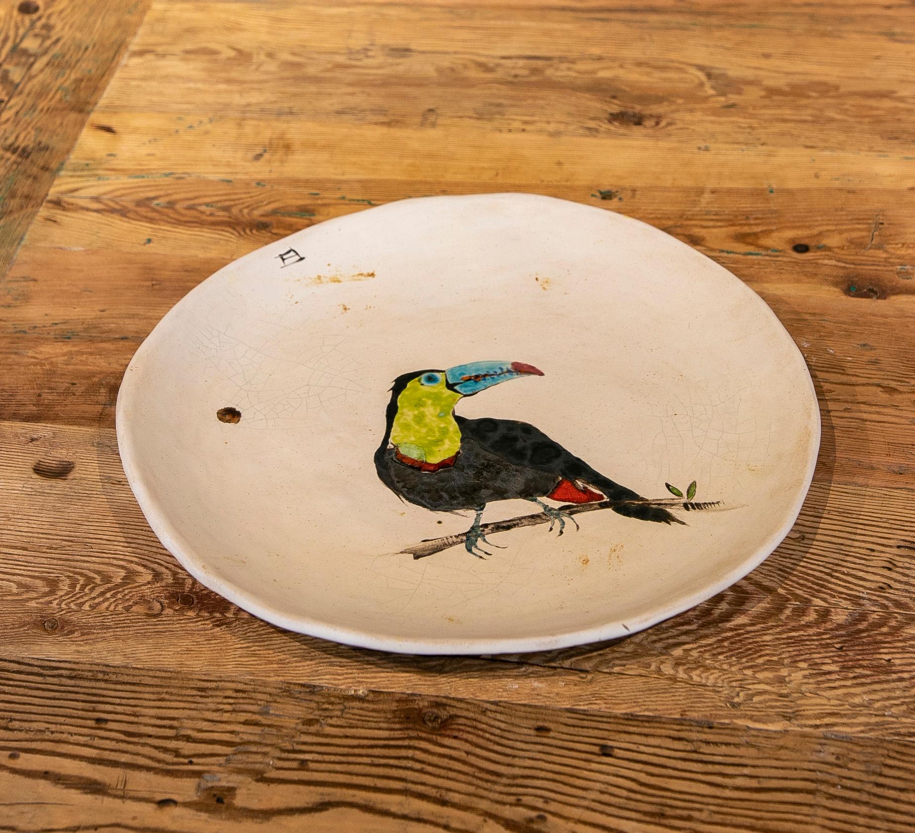 Glazed Big Round Plate in hand painted Ceramic with Bird
