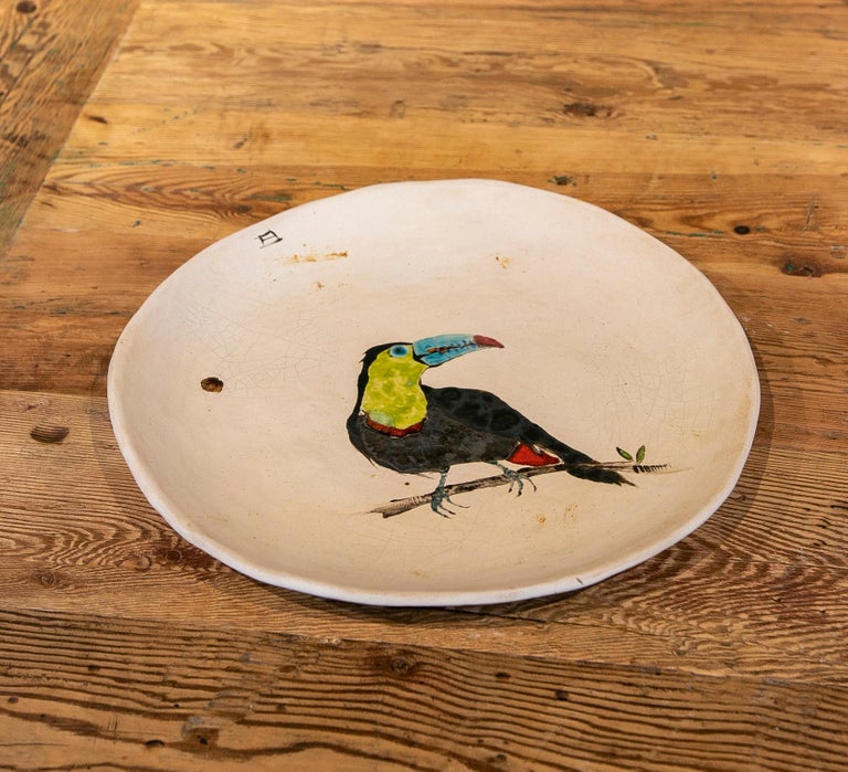 Big Round Plate in hand painted Ceramic with Bird For Sale at 1stDibs