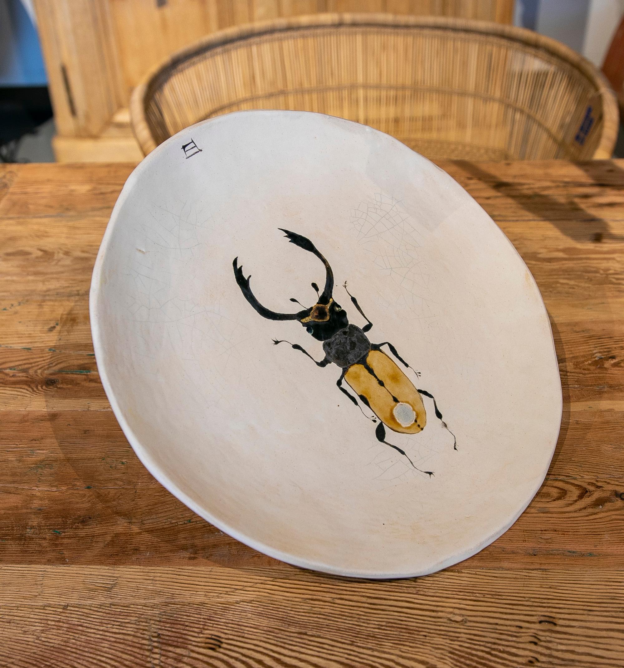 Big round plate in hand painted ceramic with insect.