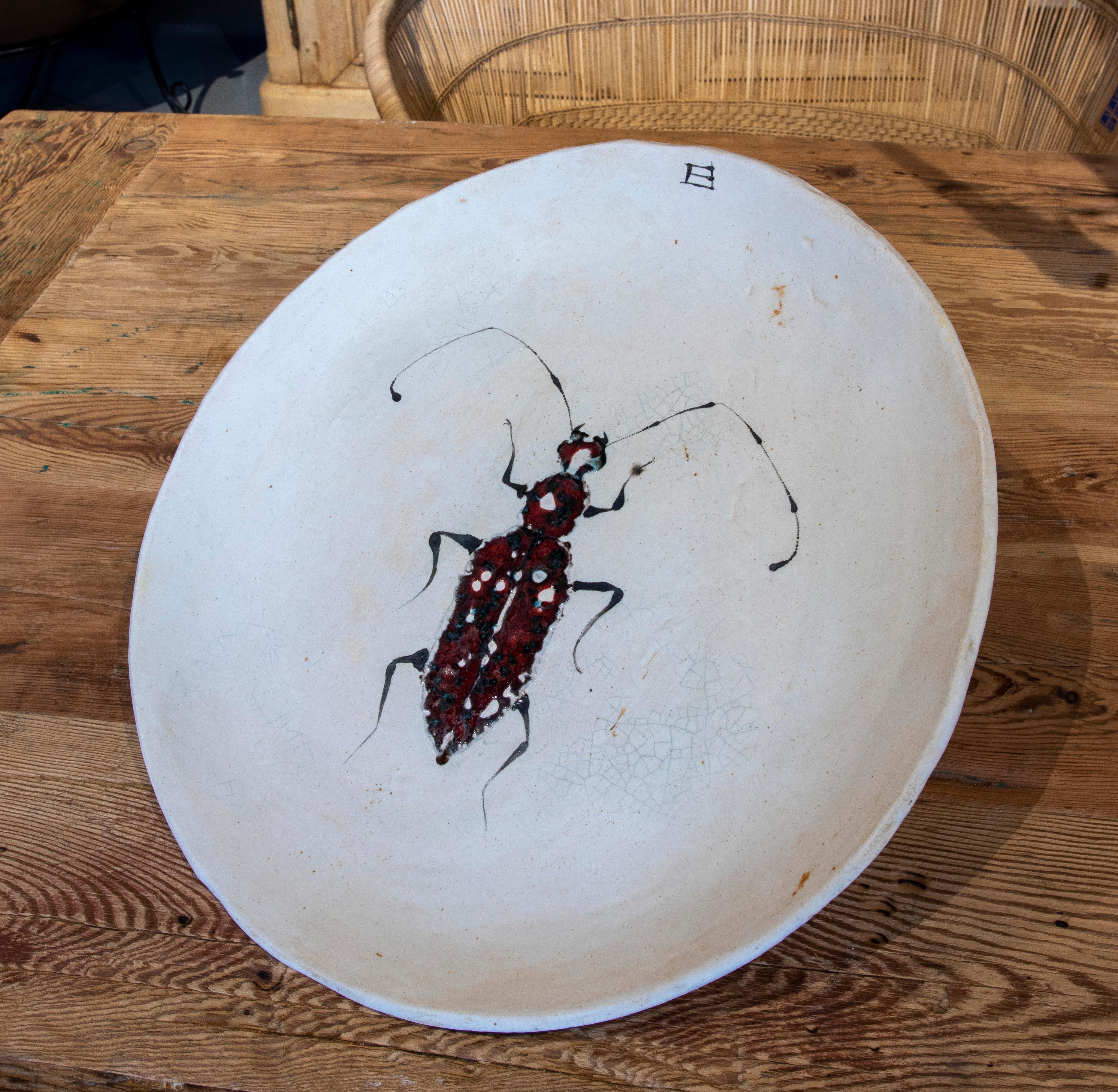 Spanish Big Round Plate in hand painted Ceramic with Insect