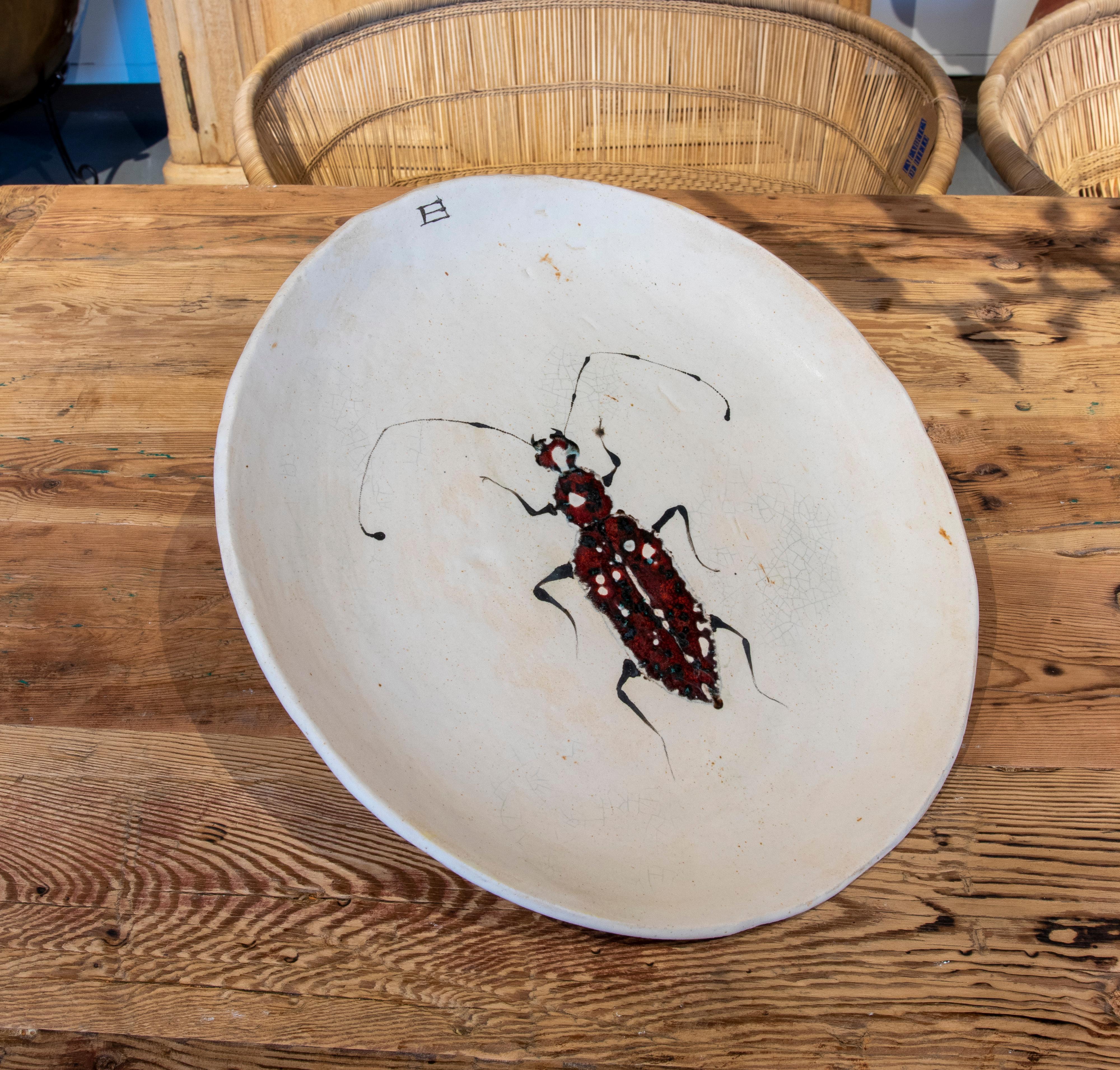 Glazed Big Round Plate in hand painted Ceramic with Insect