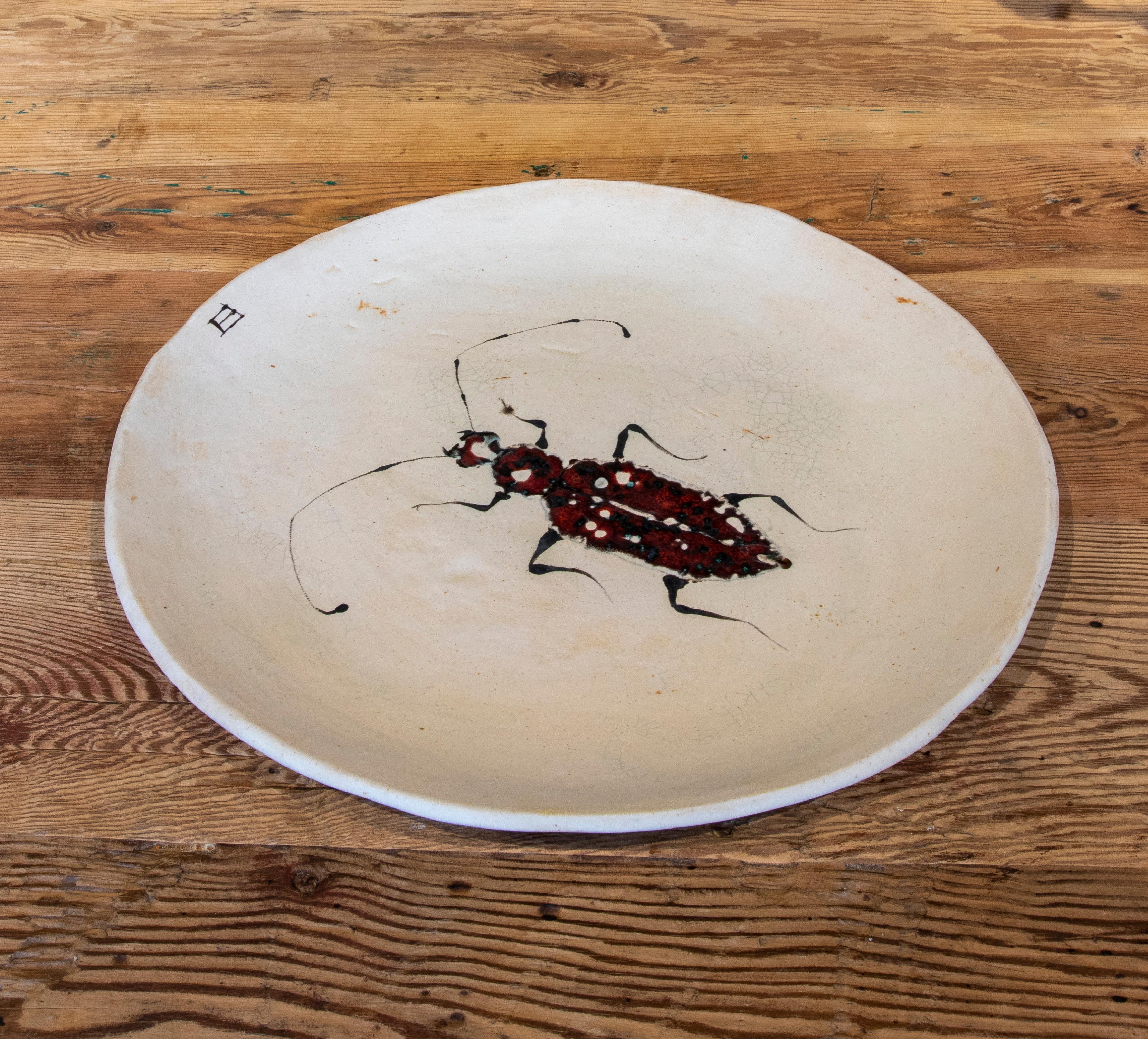 Big Round Plate in hand painted Ceramic with Insect In Good Condition In Marbella, ES