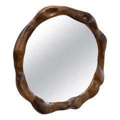 Big Round Sculptural Wavy Mirror in Walnut Wood